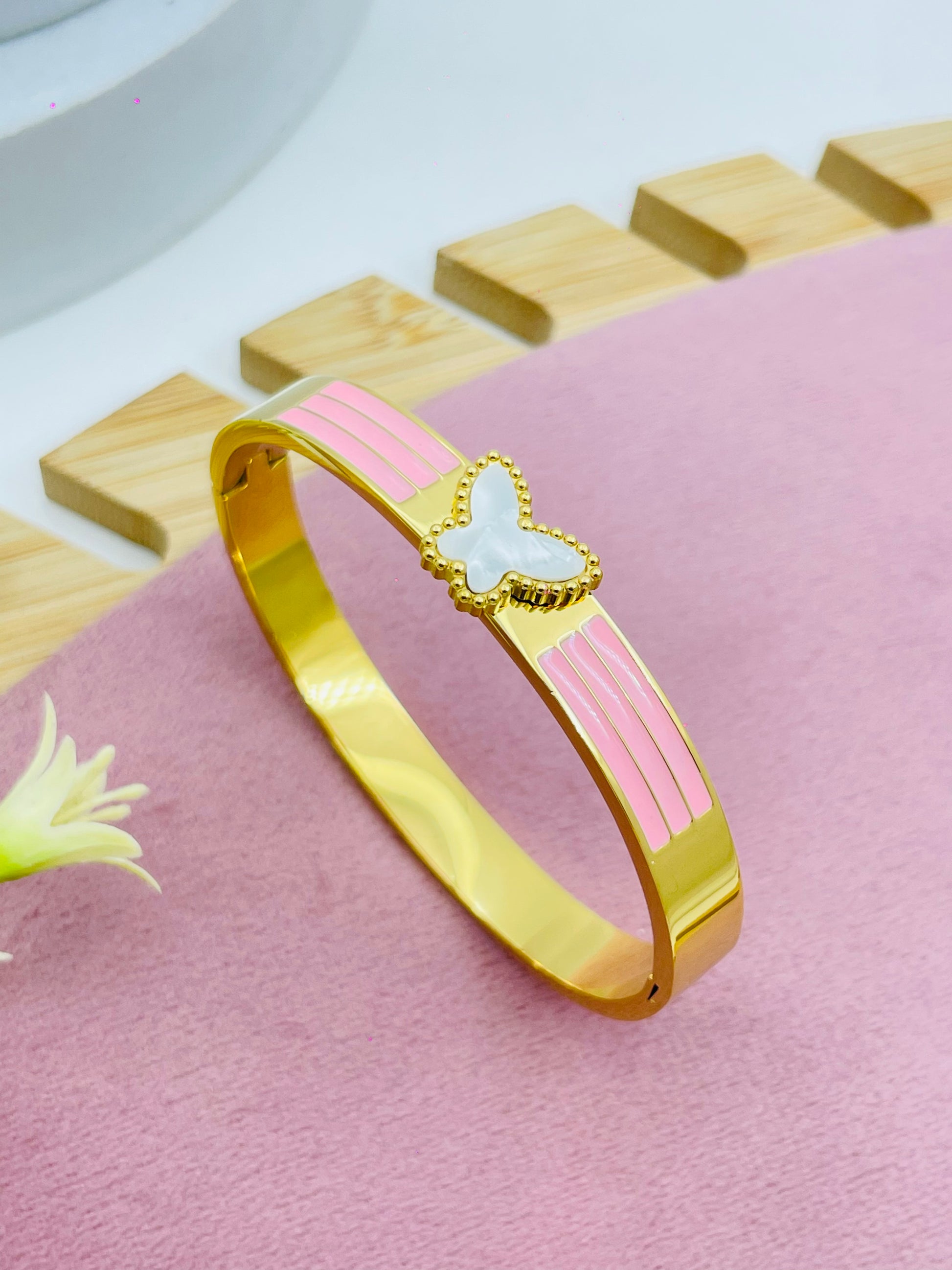 Elegant GoldPlated Pink Enamel Butterfly Bangle