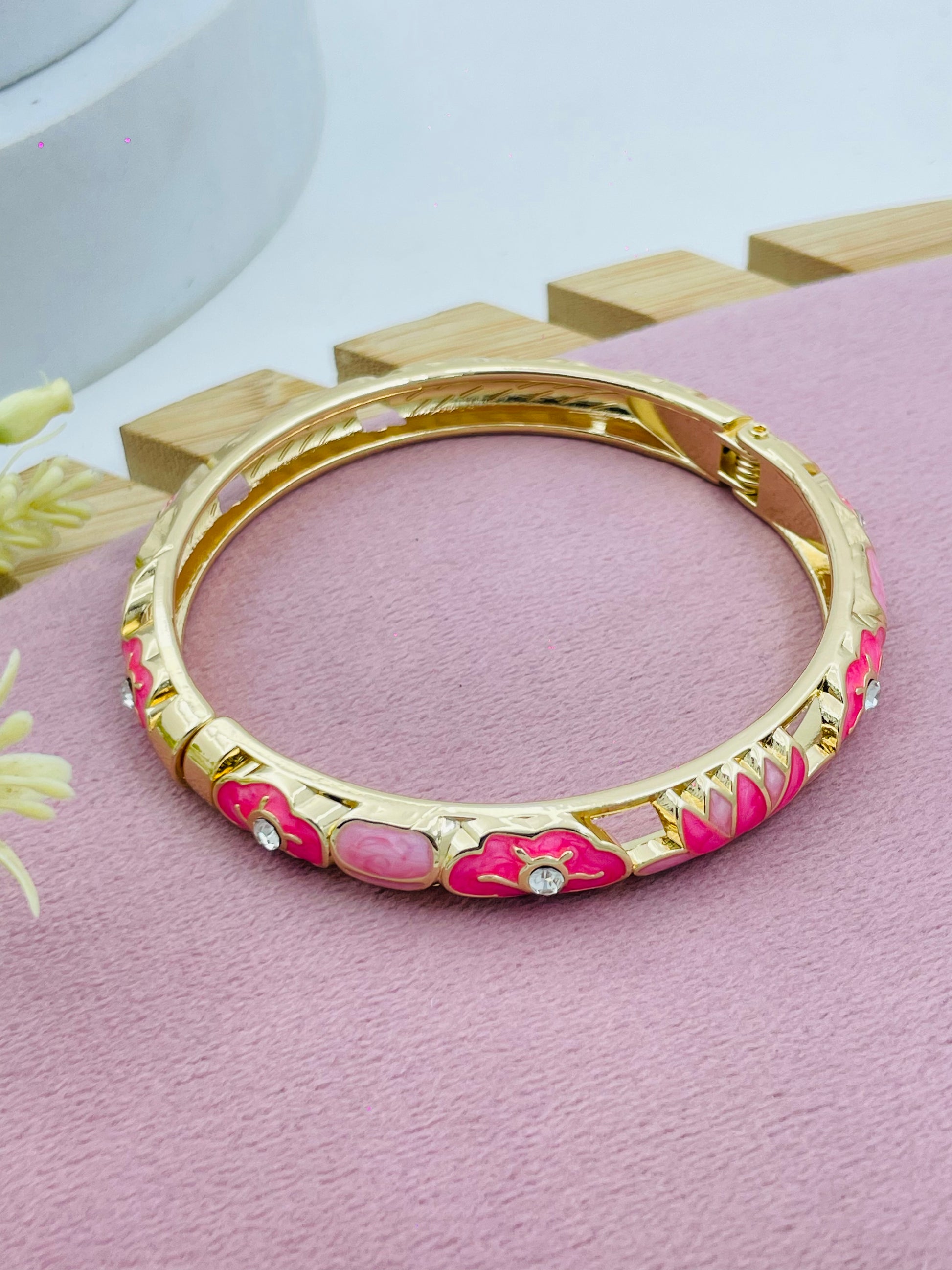 Elegant Pink Enamel Gold Tone Bracelet