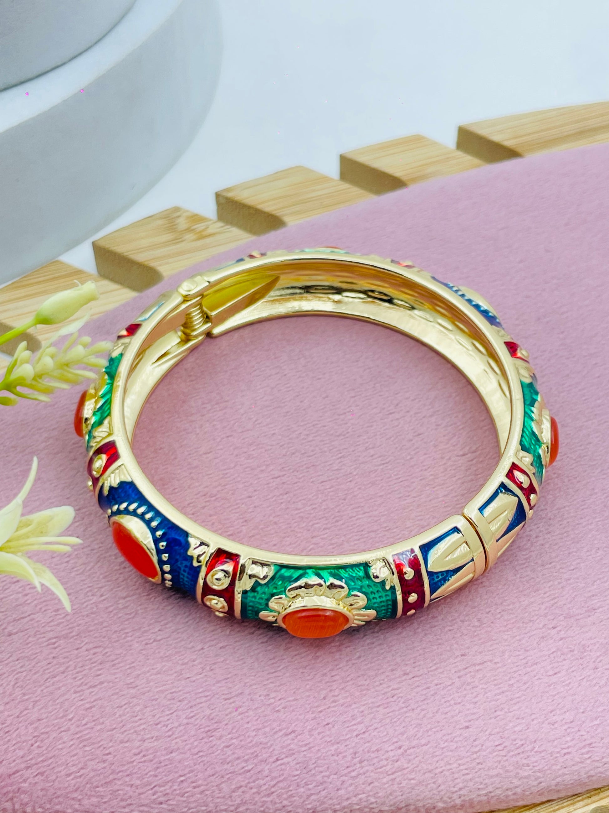 Vibrant Multicolor Enamel Gold Bangle  Elegant Jewelry