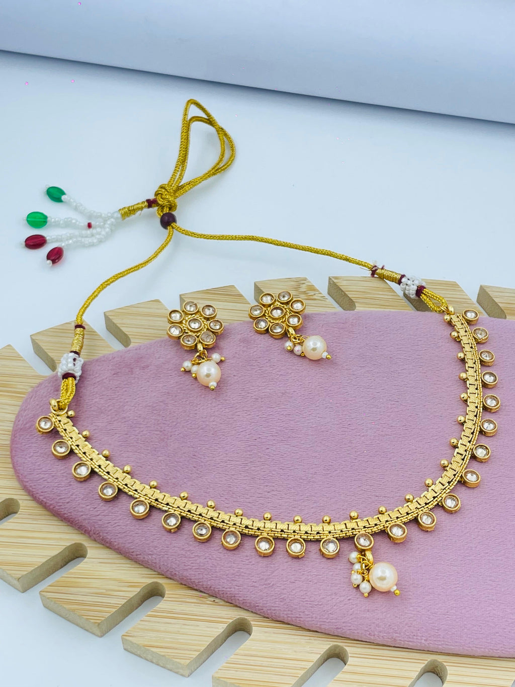 Pearl and Stone Detail Necklace Set with Earrings
