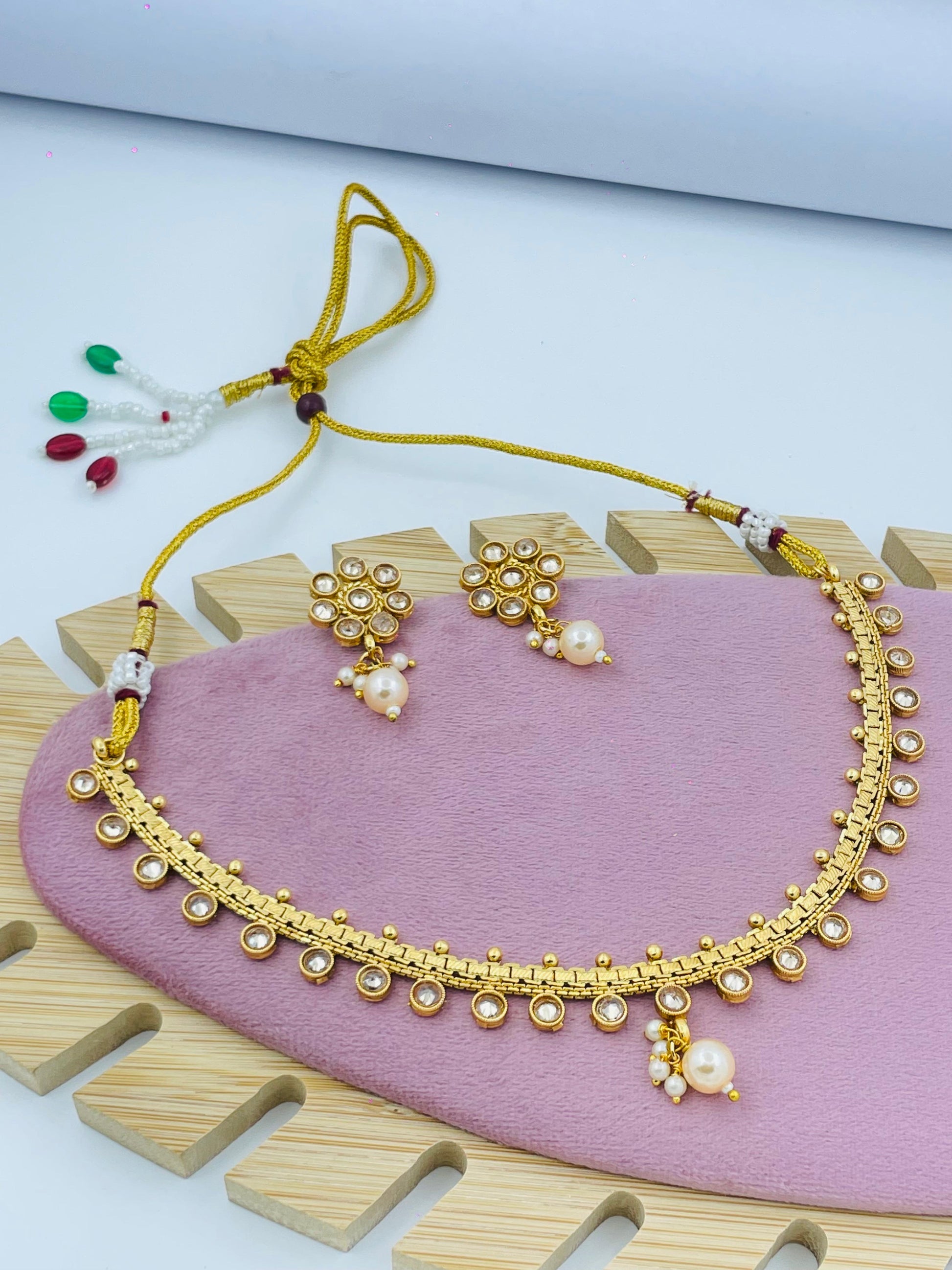 Pearl and Stone Detail Necklace Set with Earrings