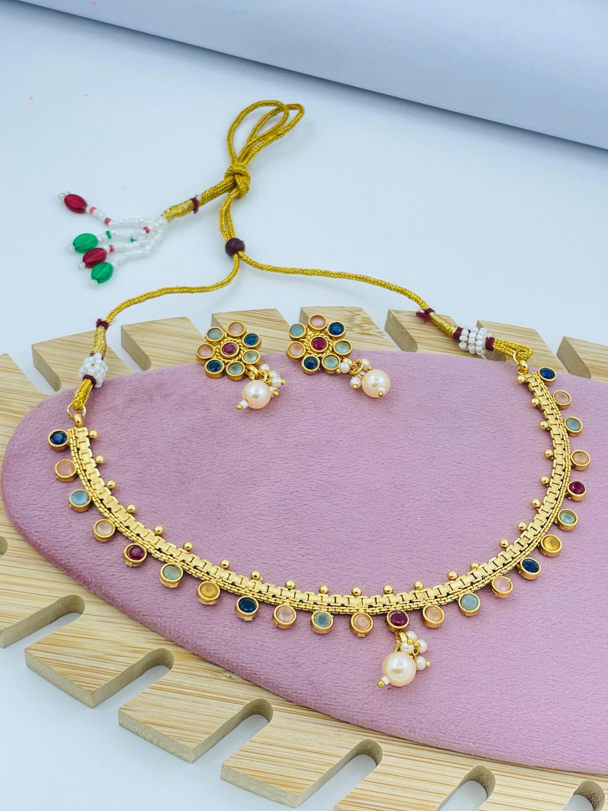 Pearl and Stone Detail Necklace Set with Earrings