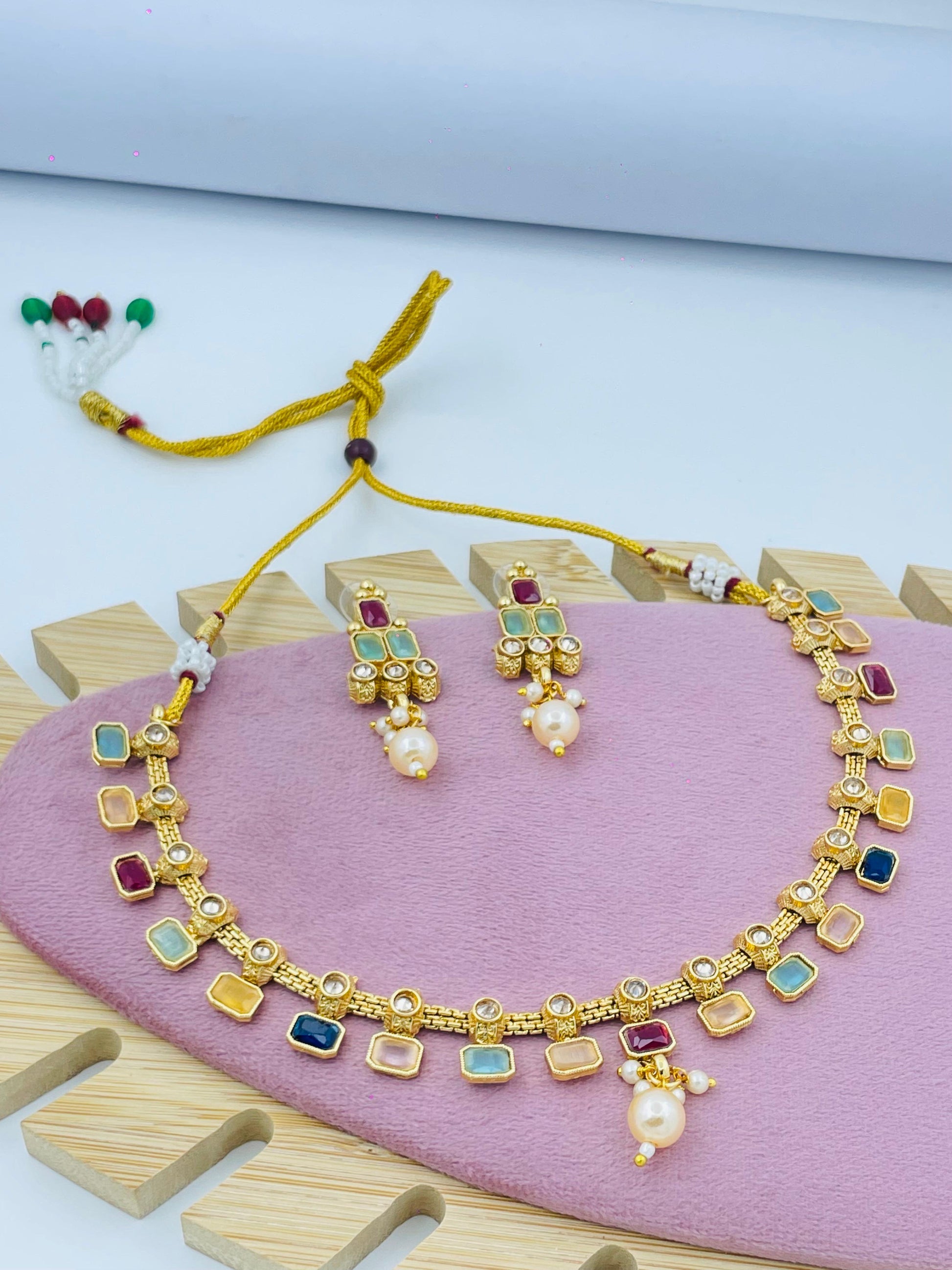 Colorful Stone and Pearl Necklace Set with Matching Earrings
