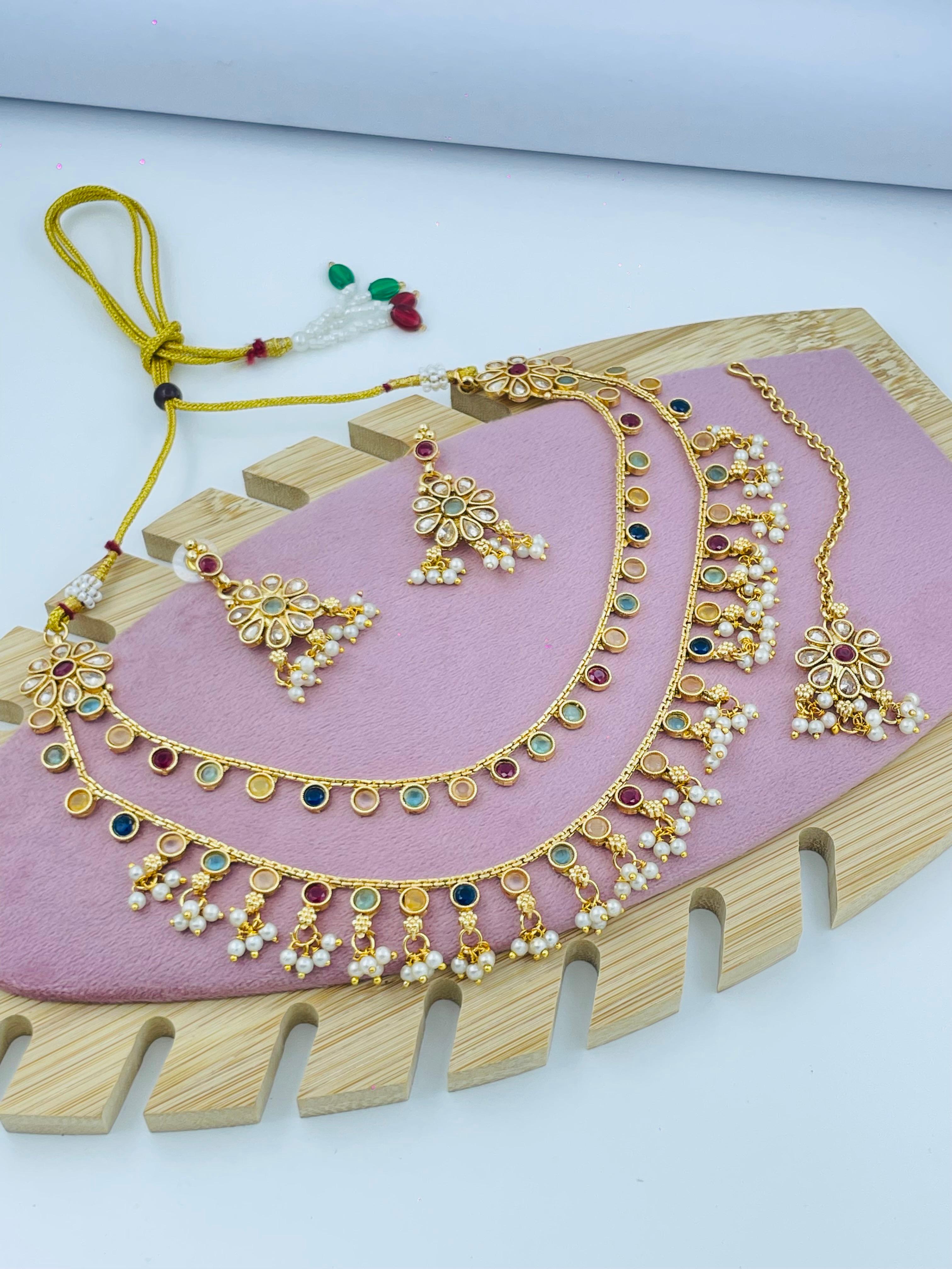 Exquisite Gold-Plated Pearl & Gemstone Jewelry Set with Floral Detailing