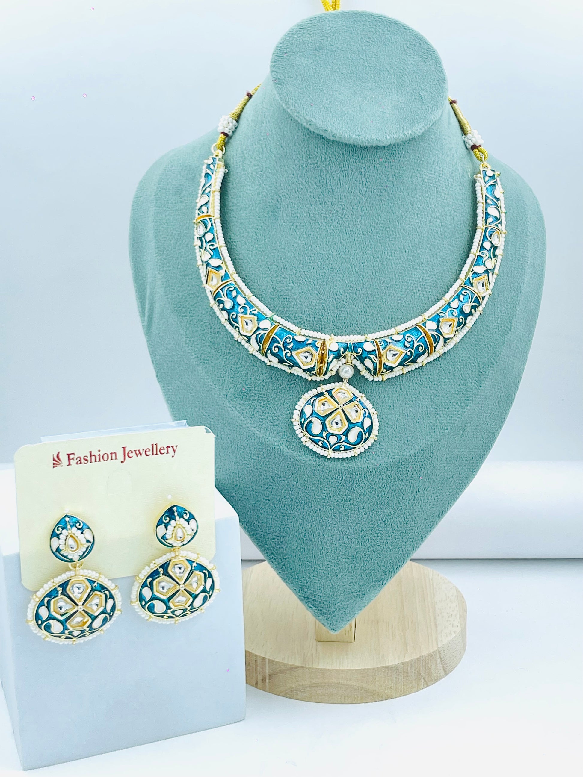Blue and Gold Enamel Necklace Set with Matching Earrings