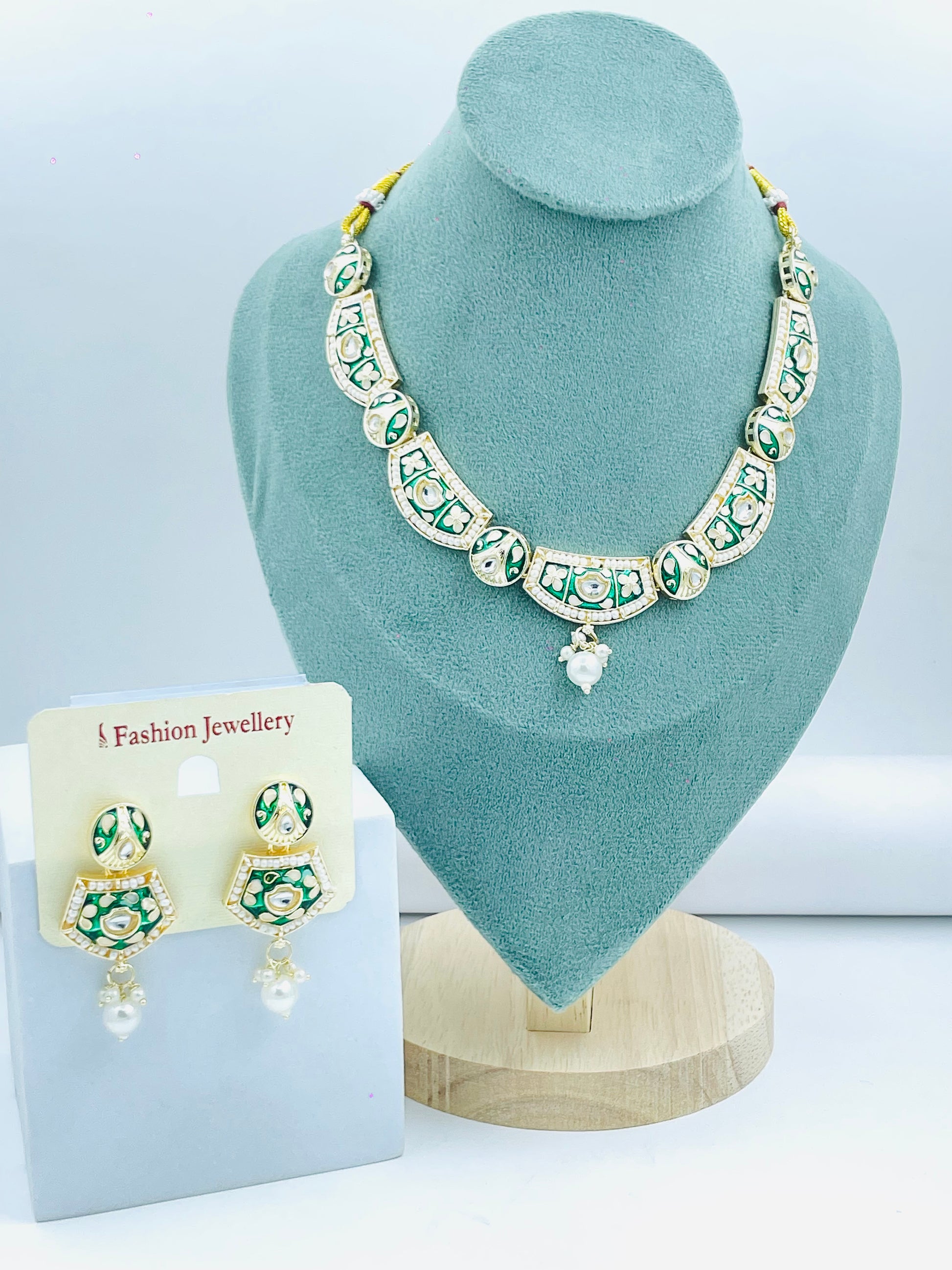 Traditional Pearl and Green Stone Necklace Set with Earrings