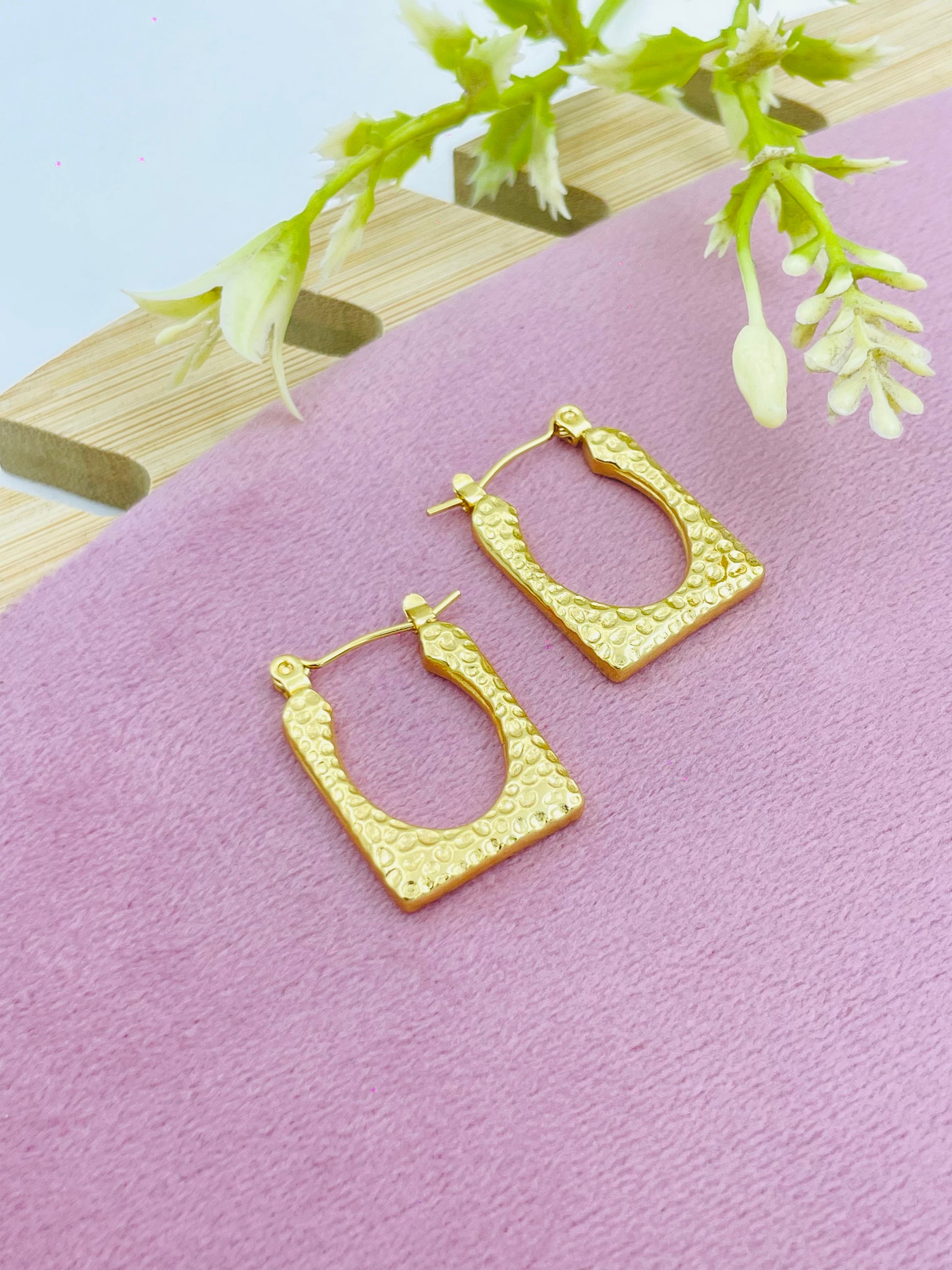 Elegant Textured Gold Square Hoop Earrings