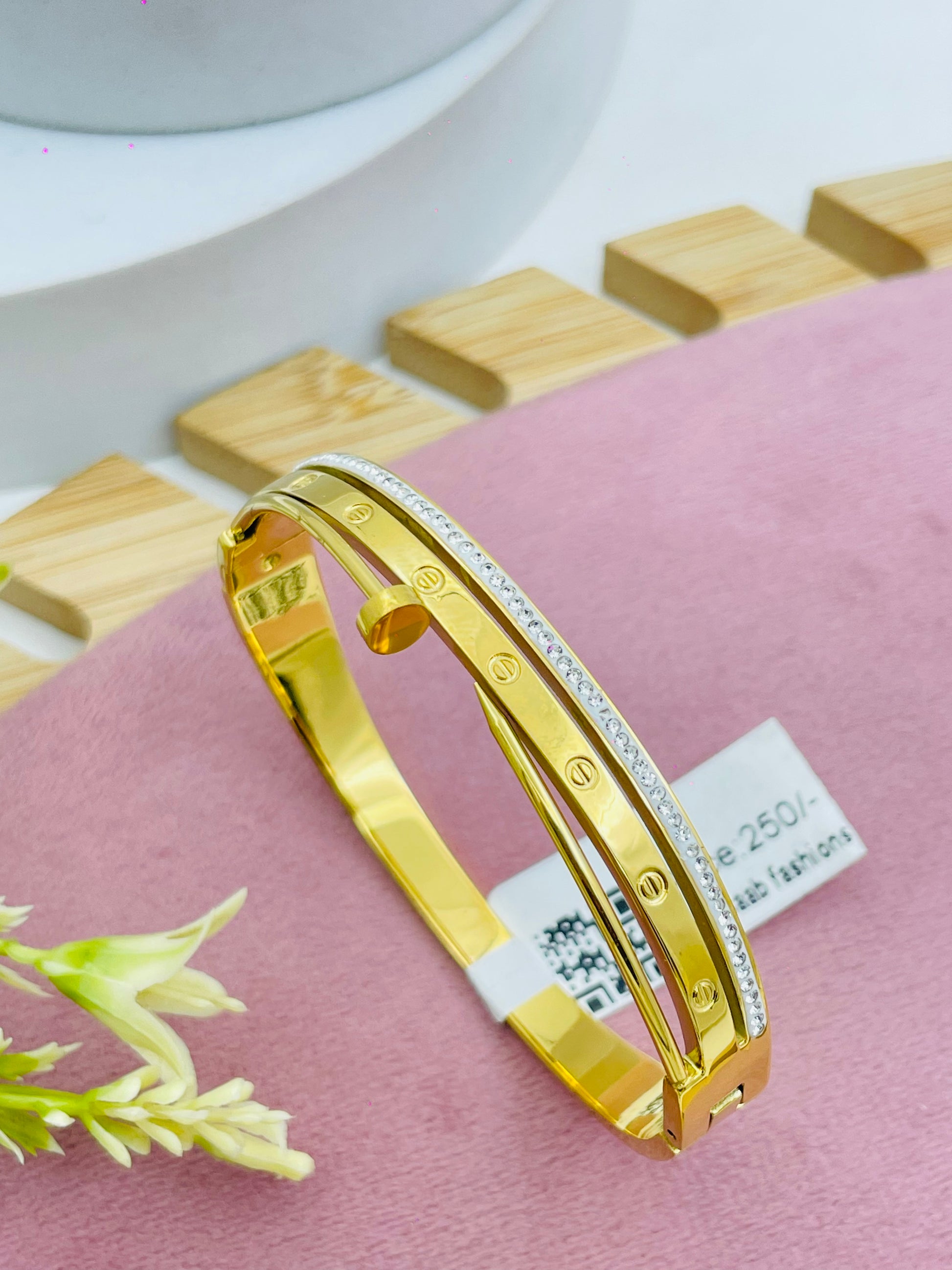 Elegant GoldPlated Bangle Bracelet with Stone Design