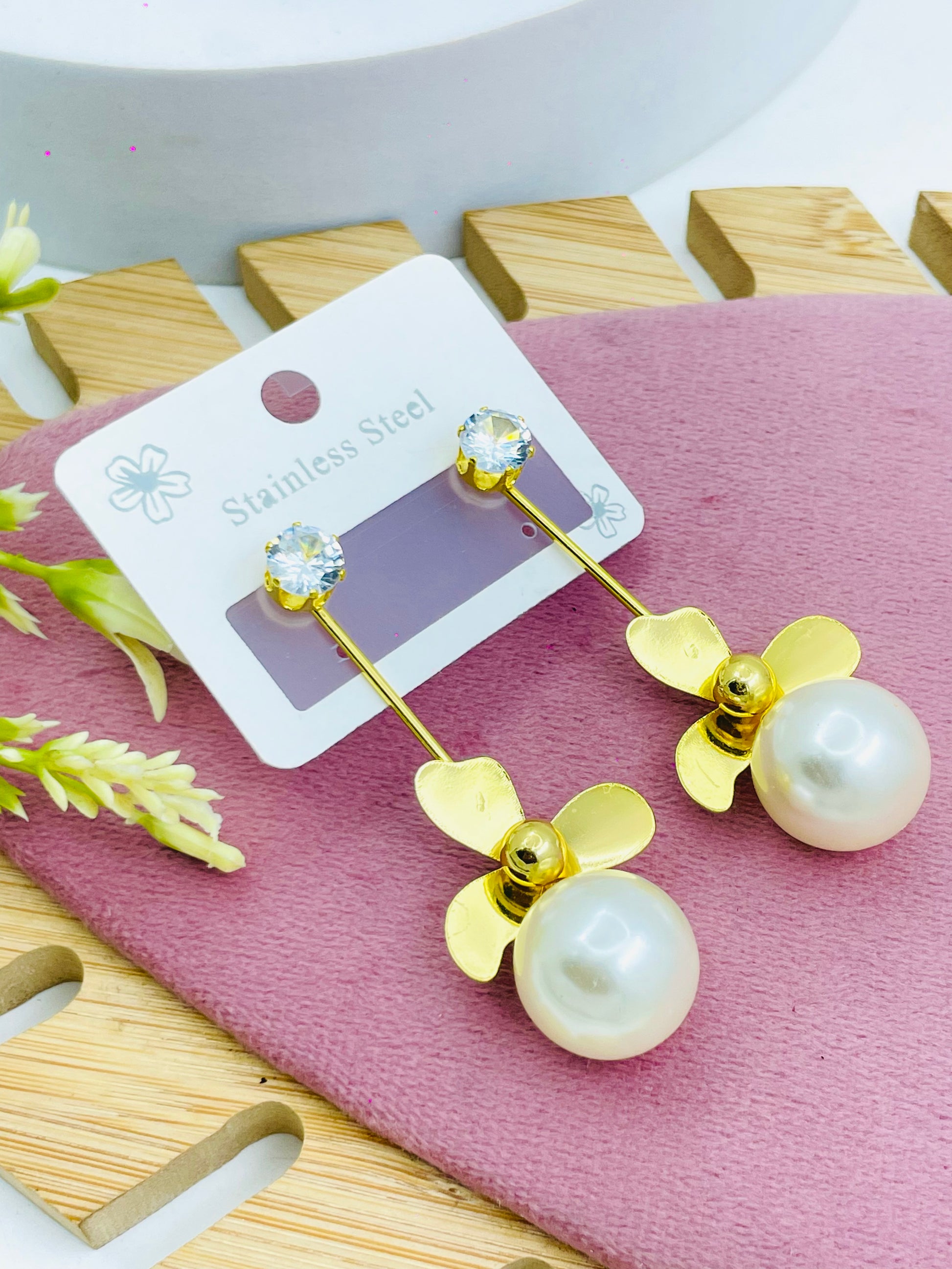 Elegant Gold Pearl Drop Earrings  Stainless Steel