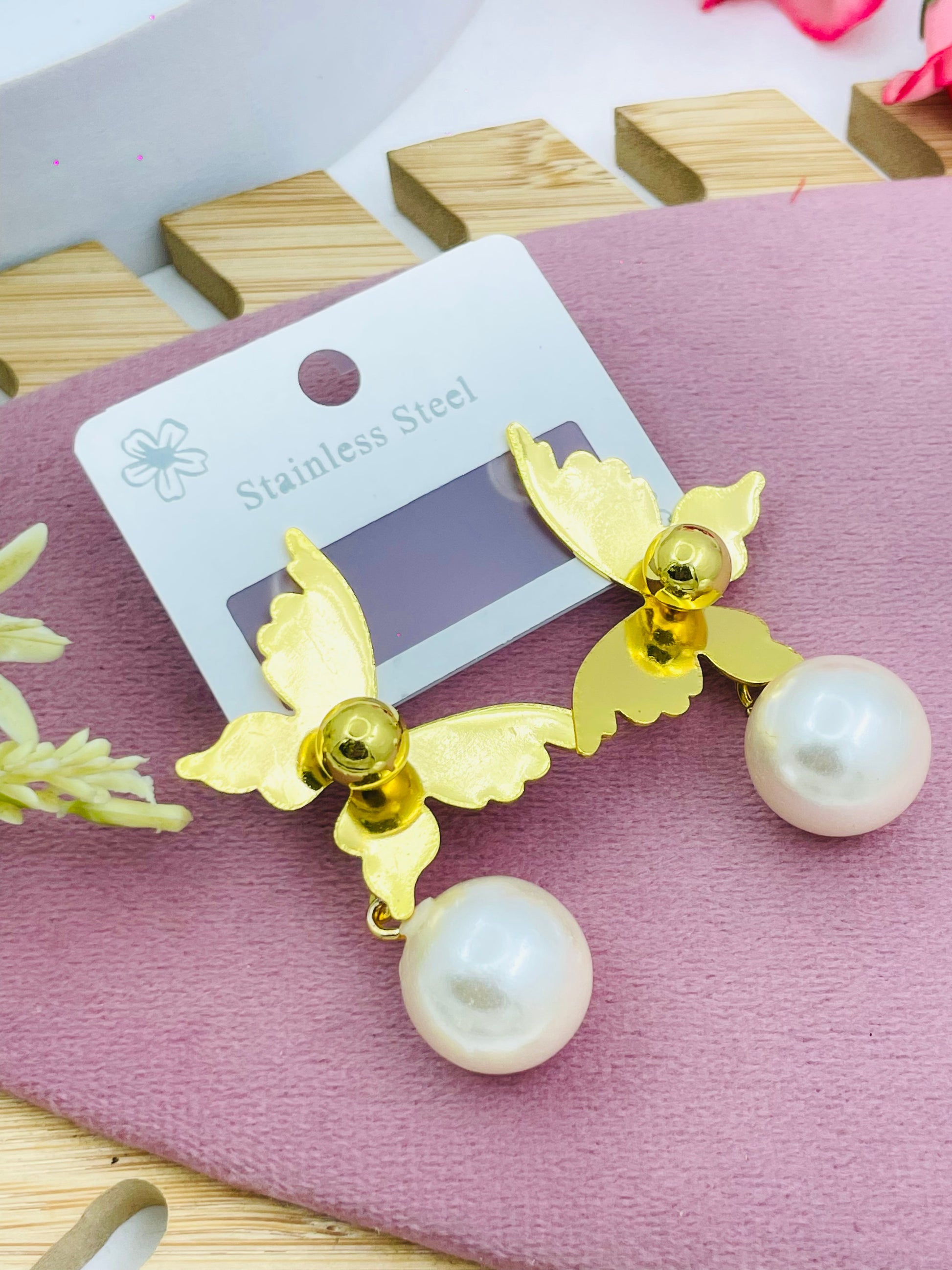 Elegant Butterfly Pearl Drop Earrings  Stainless Steel