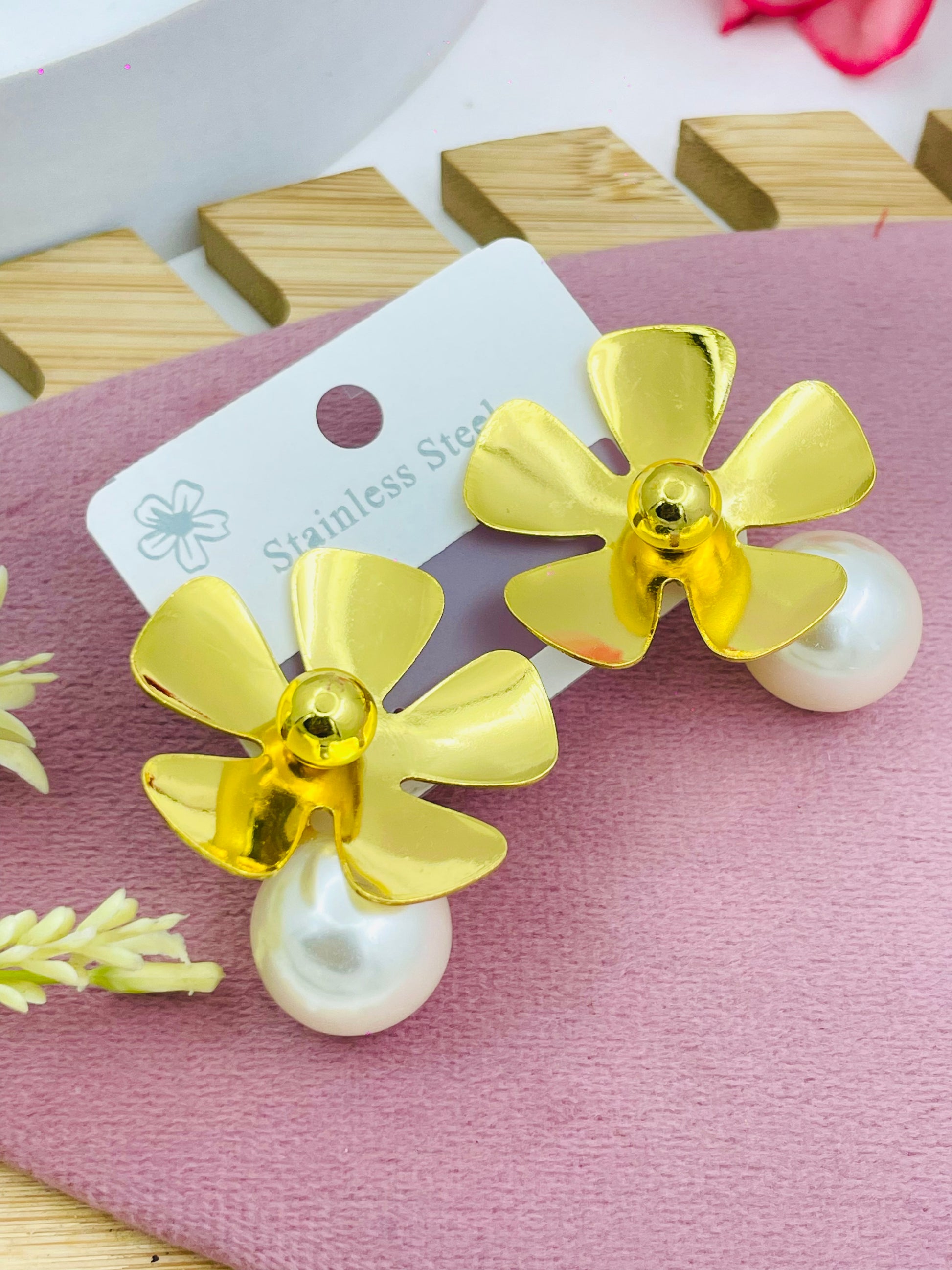 Gold Flower Pearl Earrings  Elegant Stainless Steel Jewelry