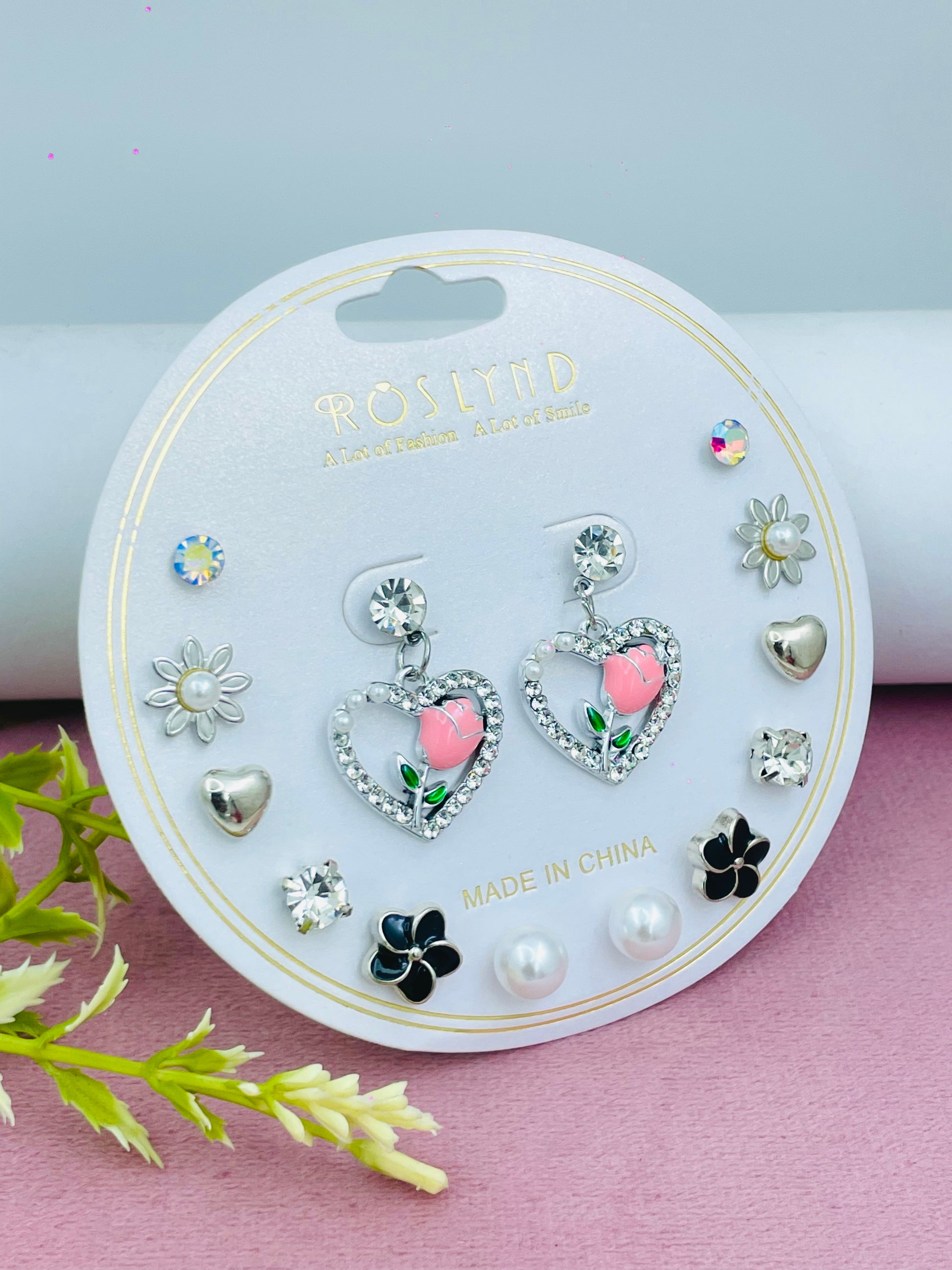 Roslind Earring Set with Heart and Flower Designs
