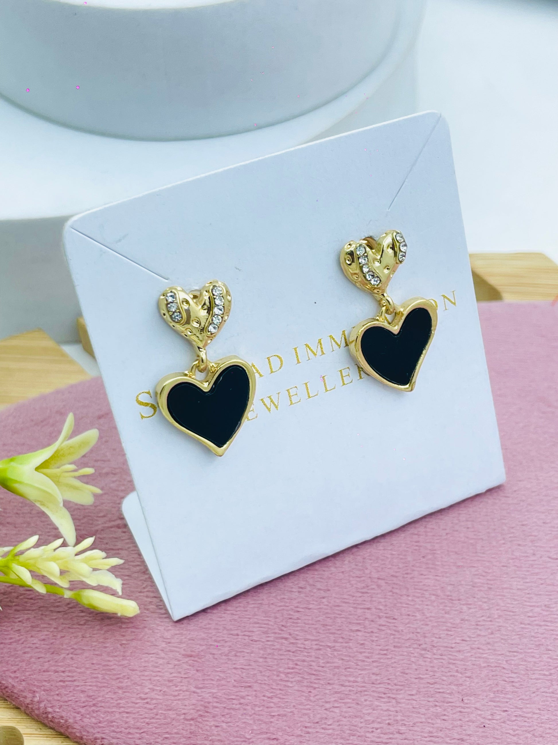 Elegant Gold and Black Heart Earrings with Crystal Accents