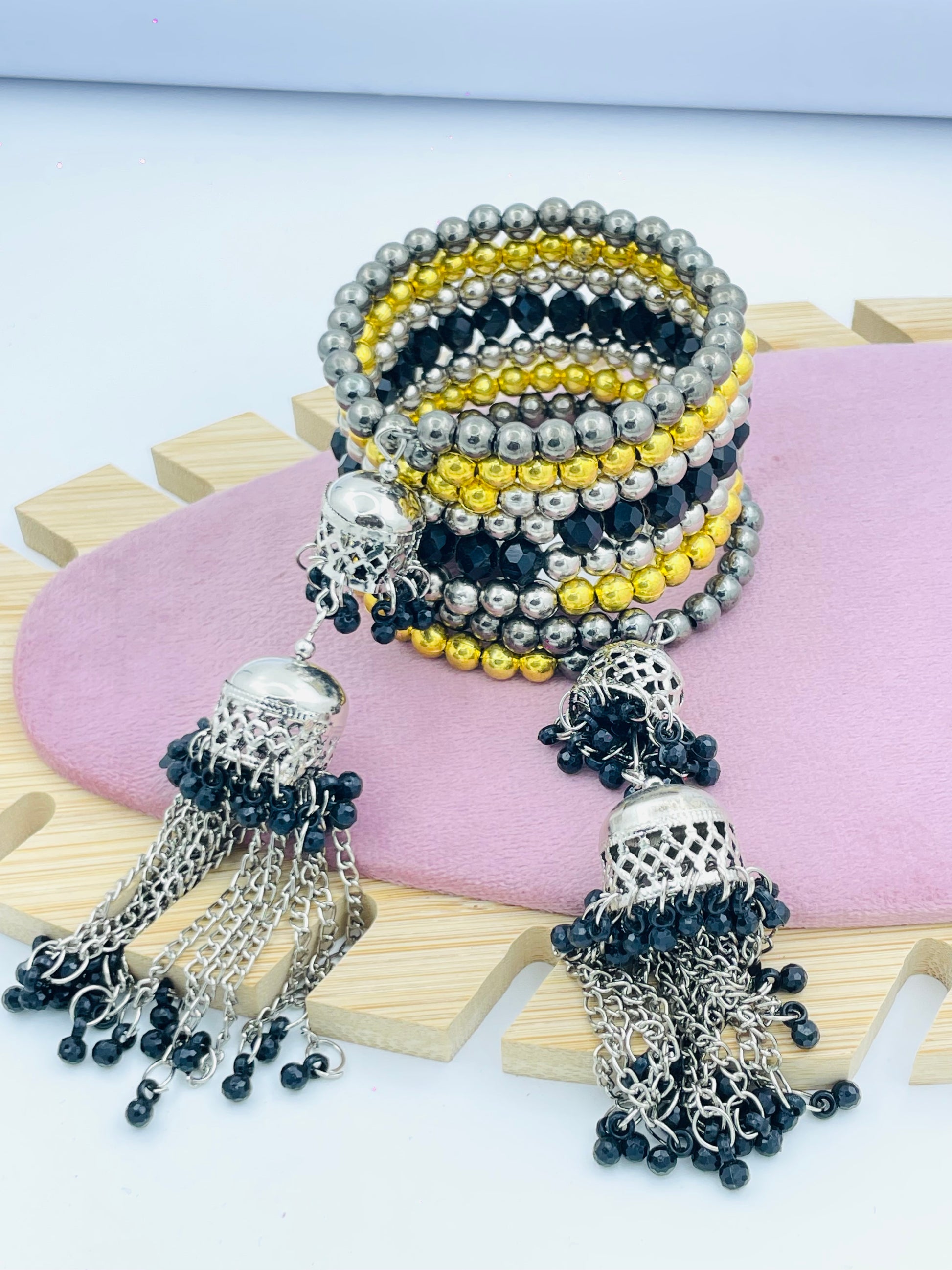 Elegant MultiLayered Beaded Bracelet with Tassels