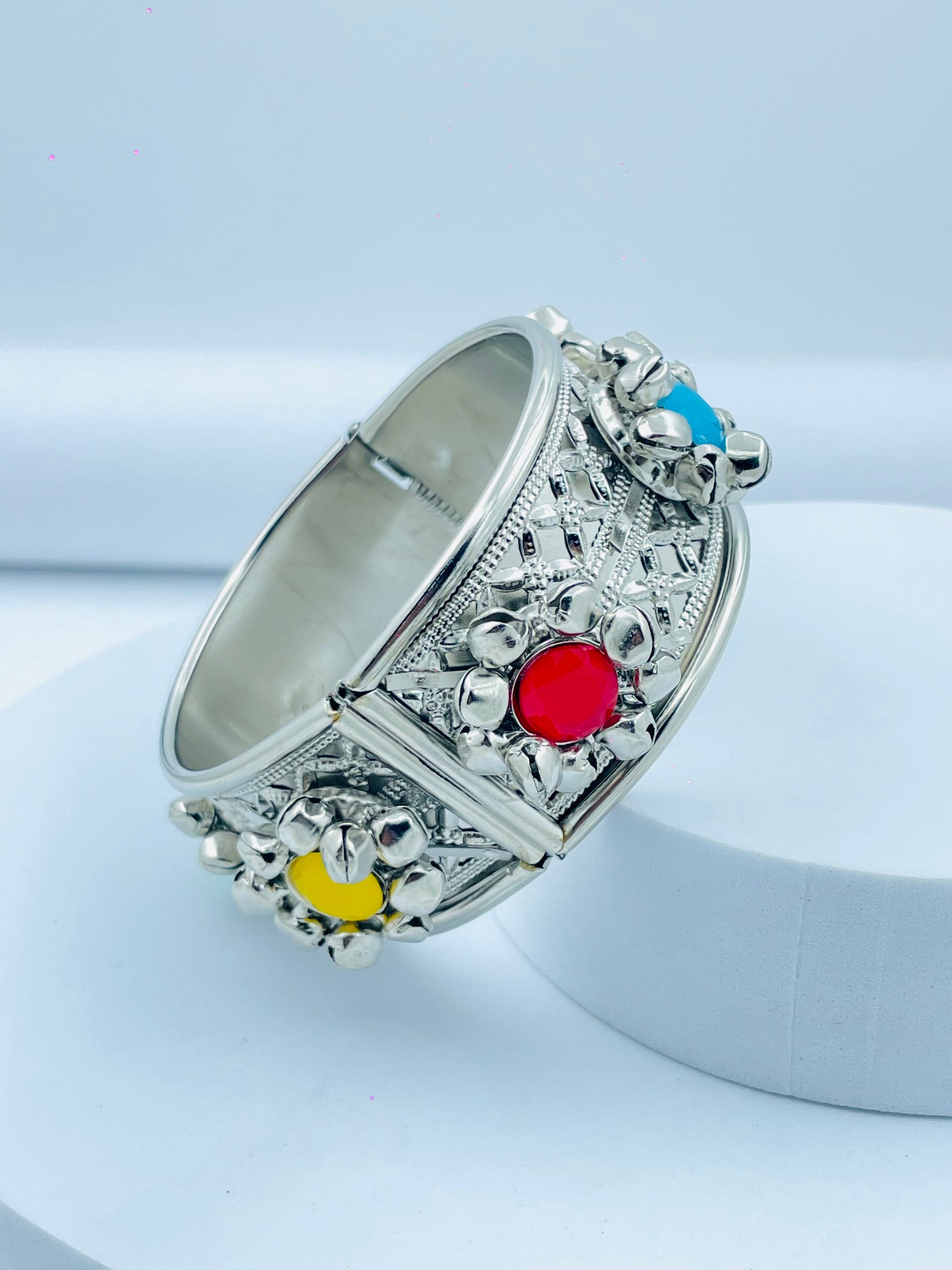 Multicolor Gemstone Floral Silver Bangle  Elegant Jewelry