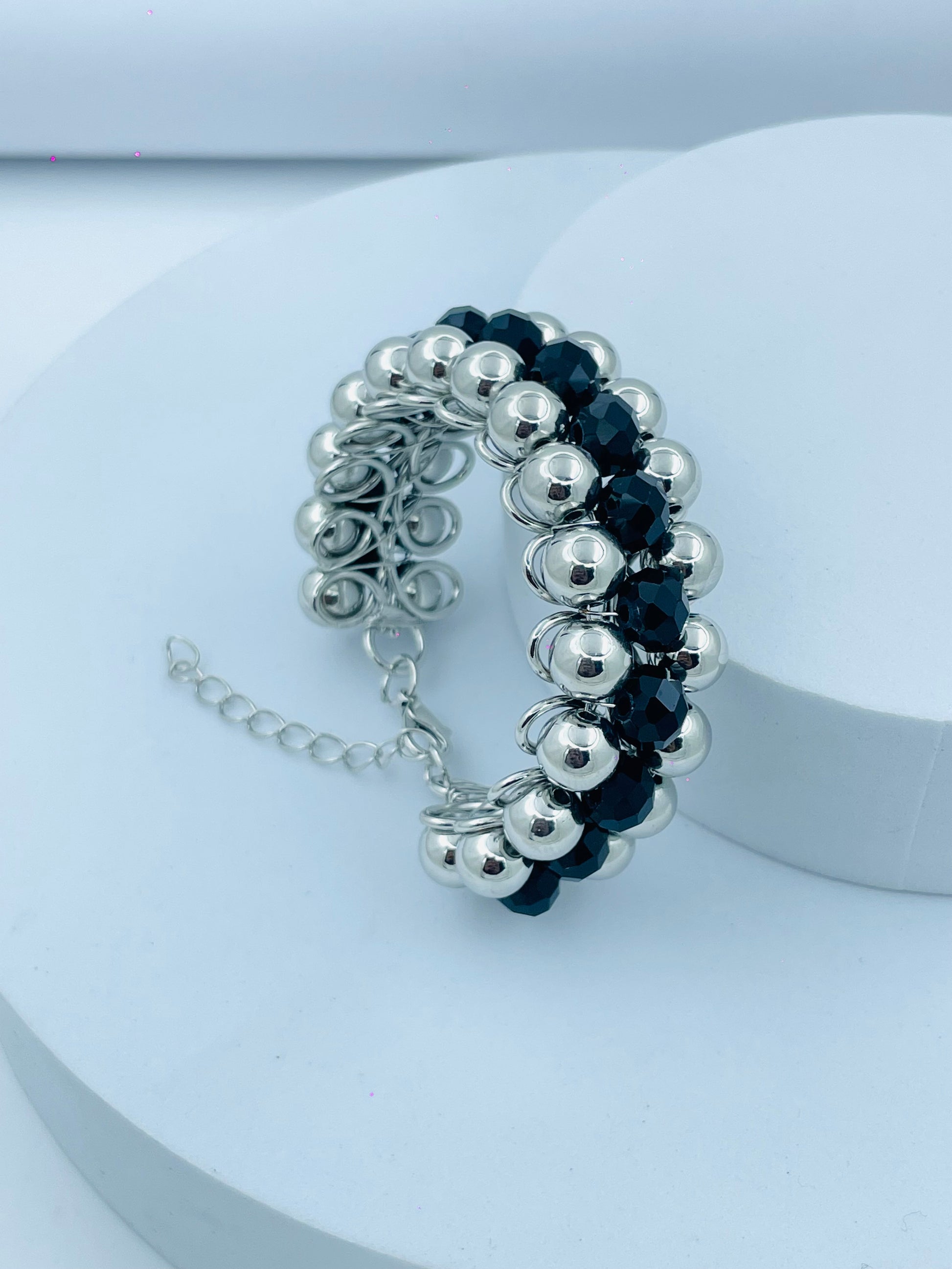 Elegant Silver and Black Beaded Bracelet  Fashion Jewelry