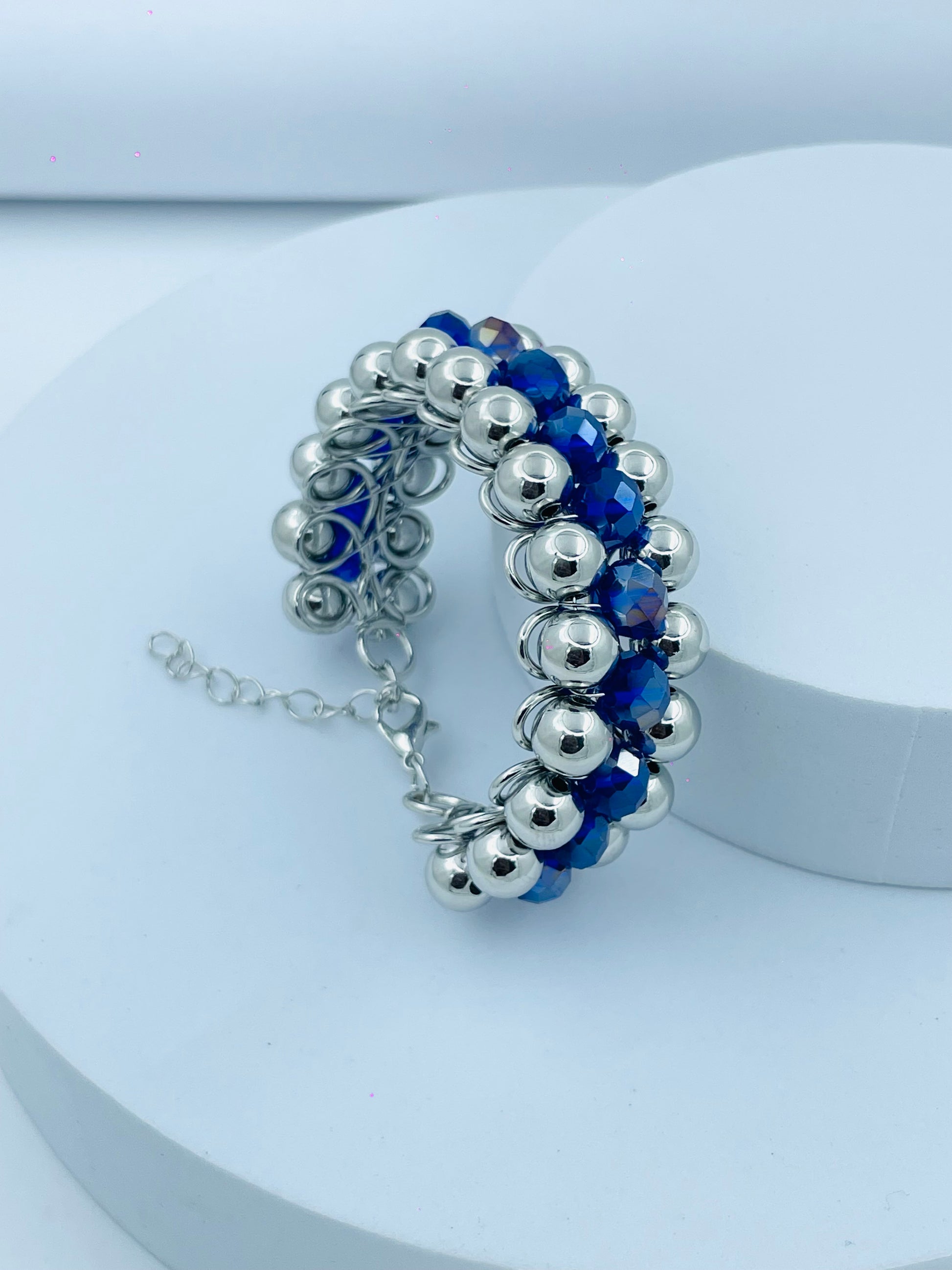 Elegant Blue Beaded Silver Bracelet