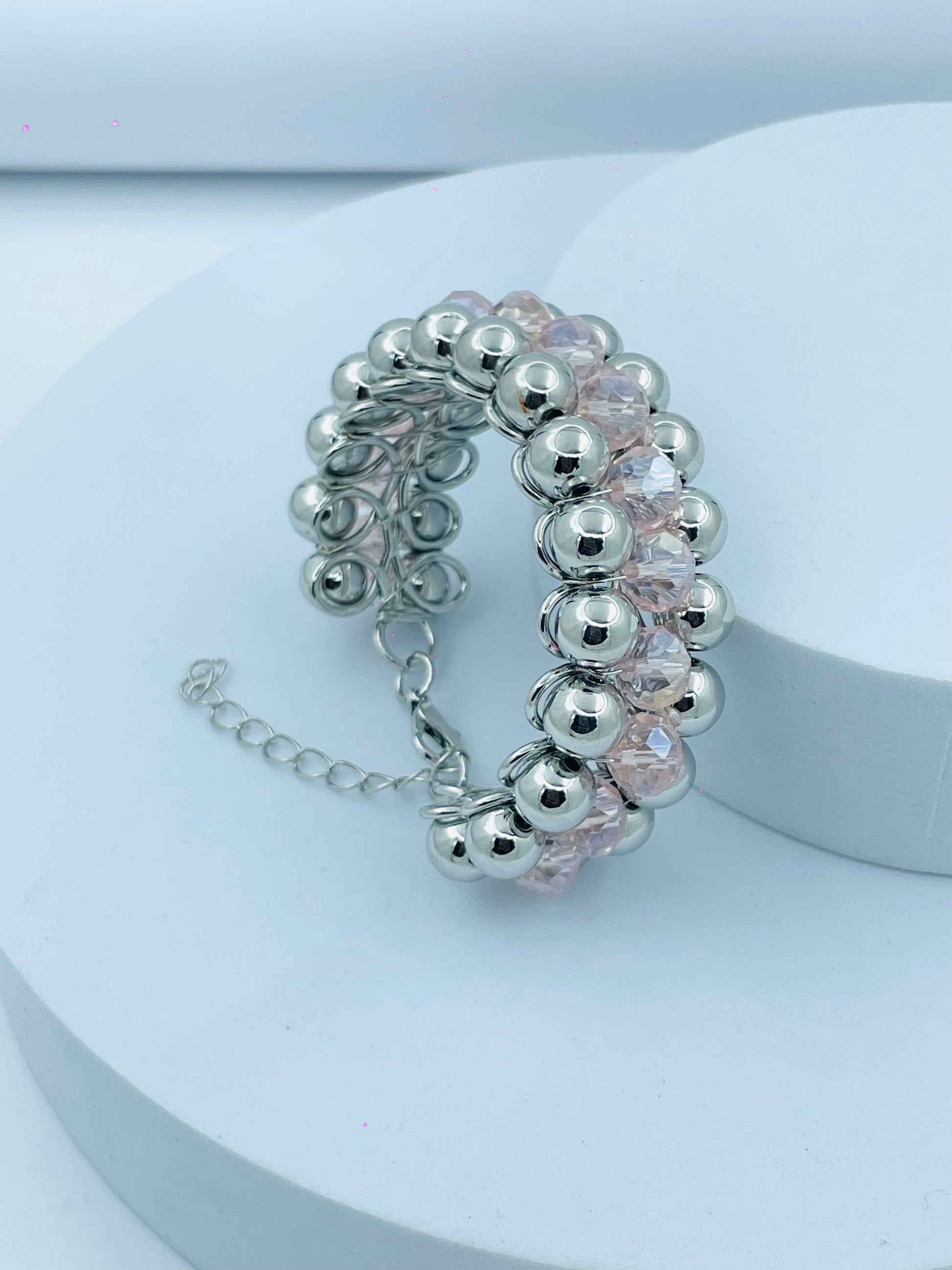 Elegant Silver and Pink Crystal Beaded Bracelet