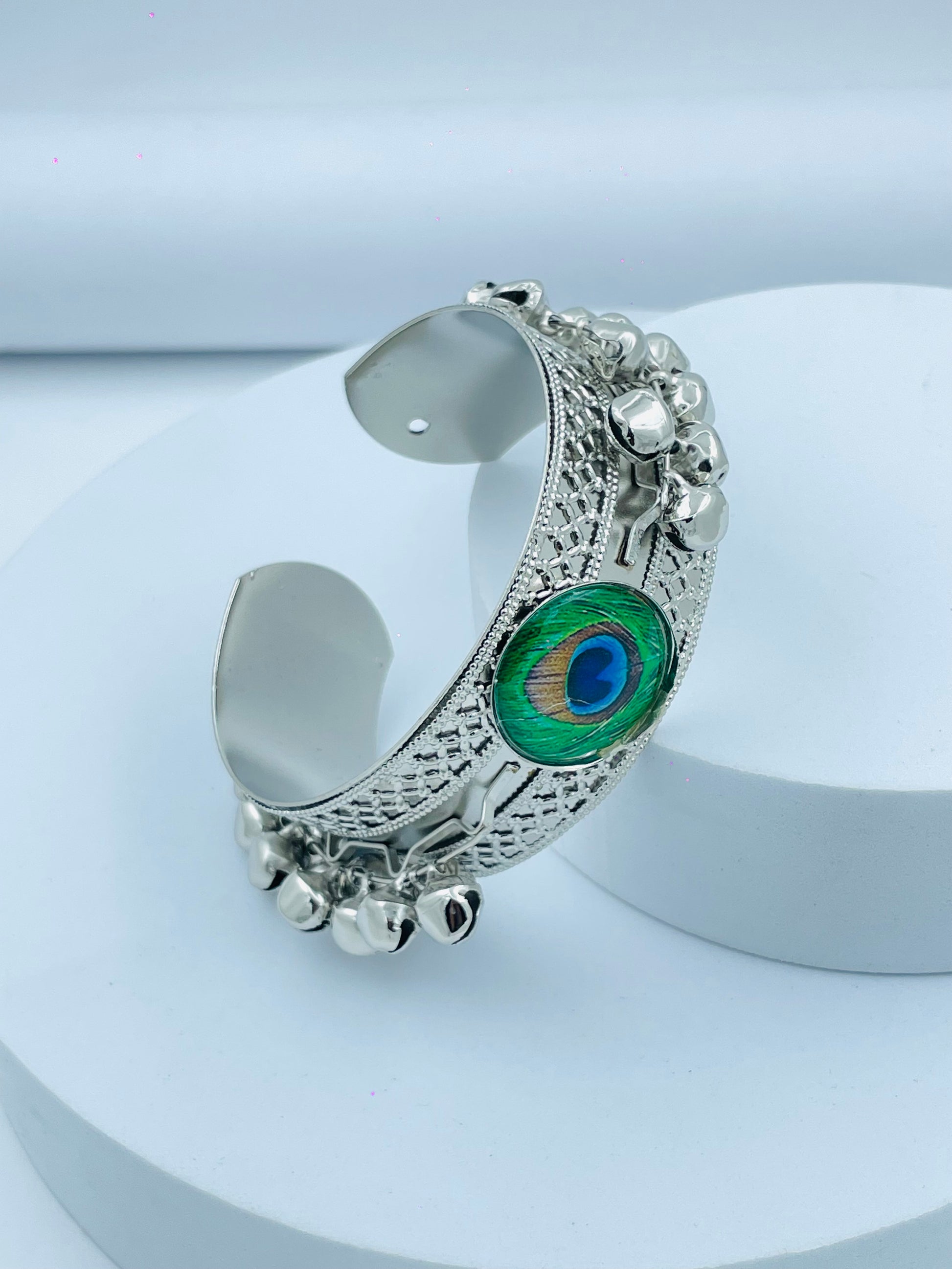 Peacock Feather Silver Cuff Bracelet with Bells