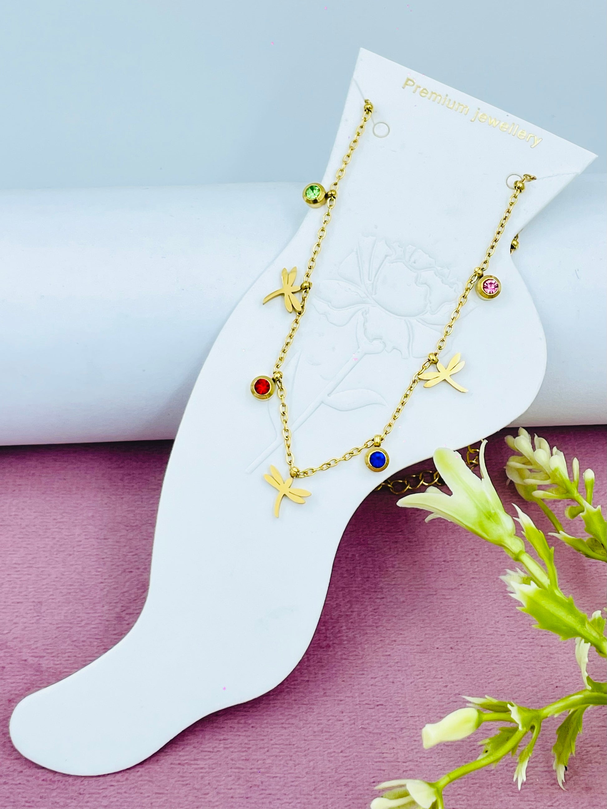 Elegant GoldPlated Butterfly Charm Anklet with Colorful Stones