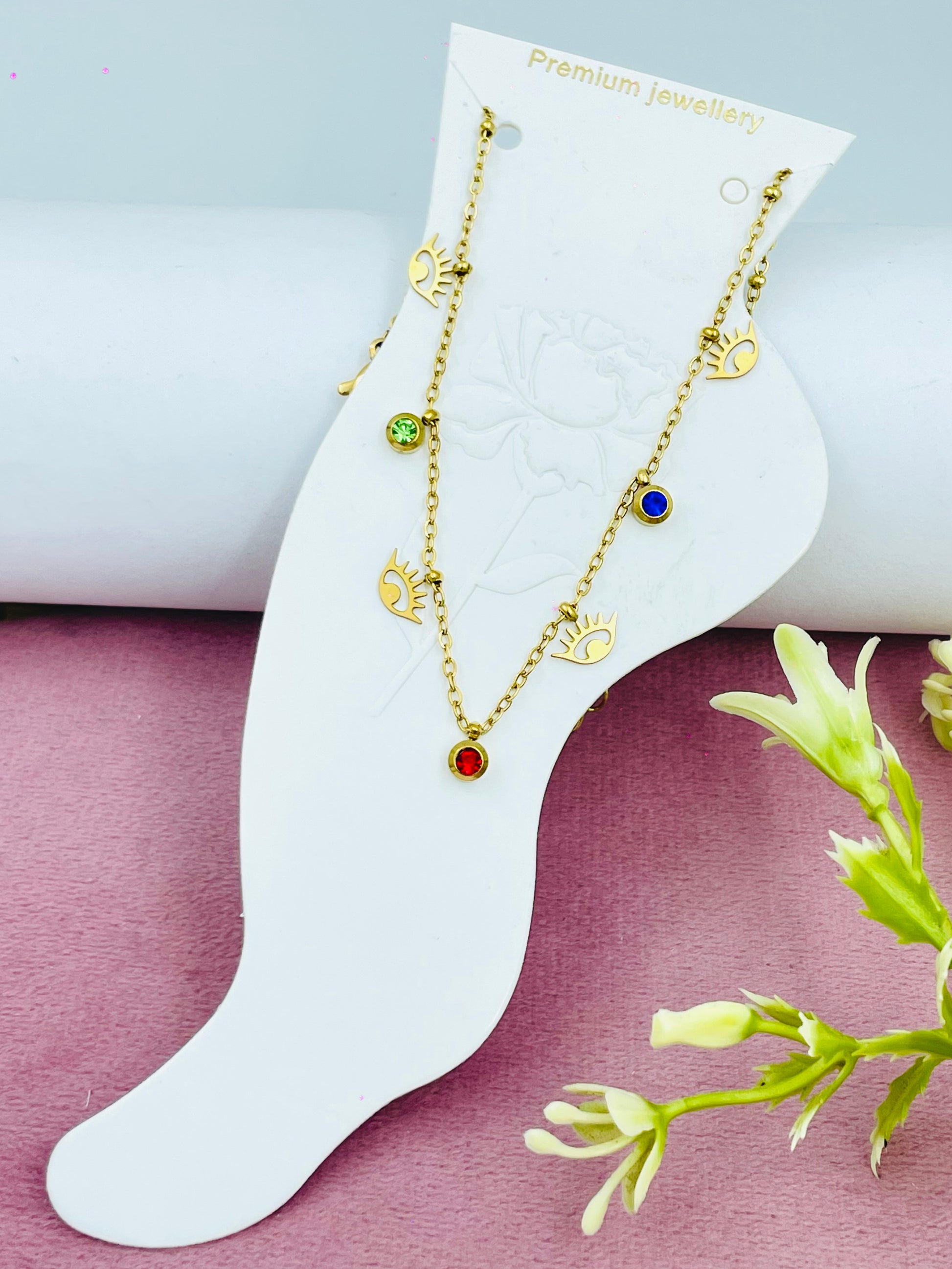 Elegant Gold Plated Evil Eye anklets with Colorful Charms