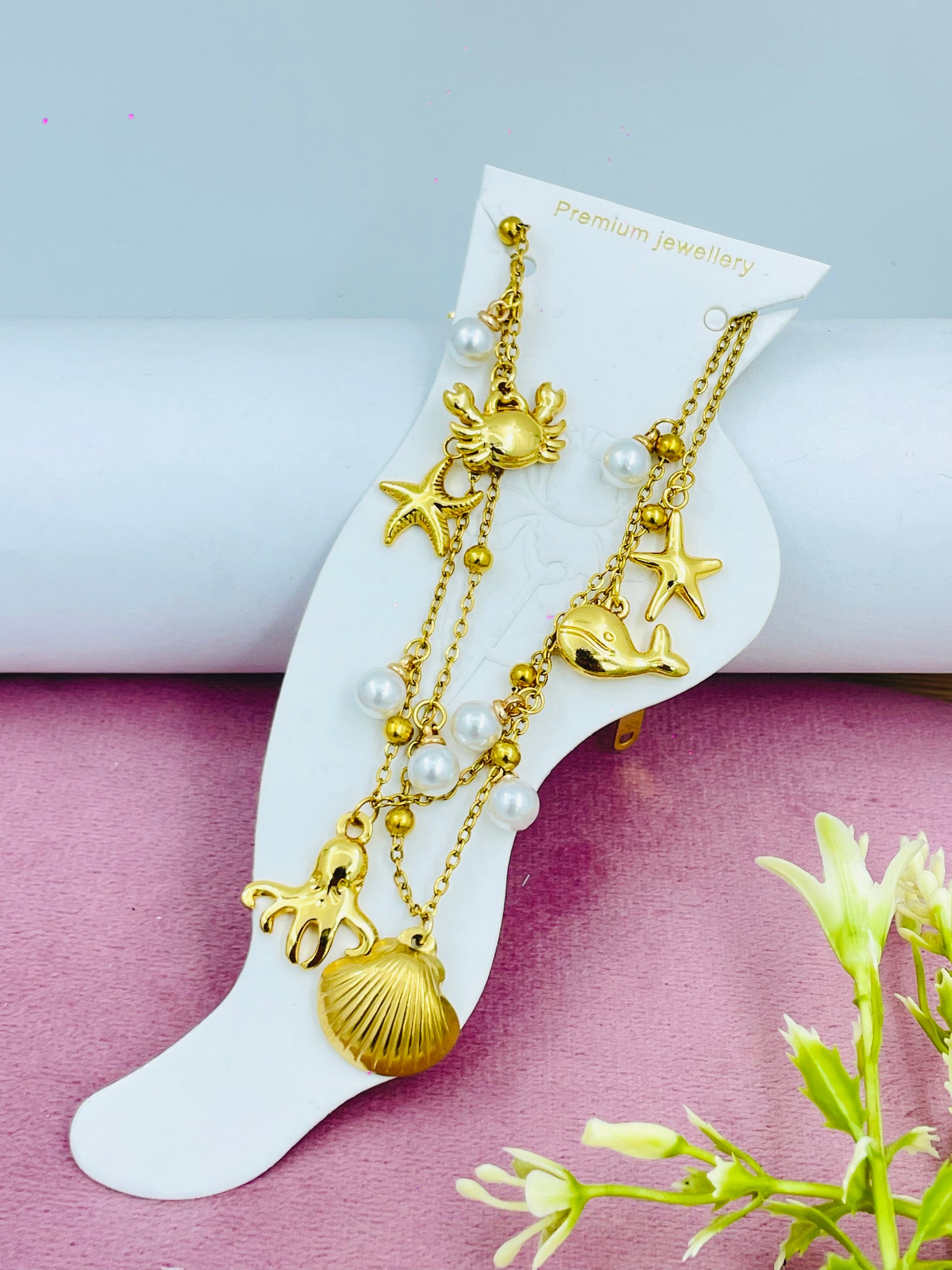 GoldPlated Sea Life Charm Anklets with Pearls