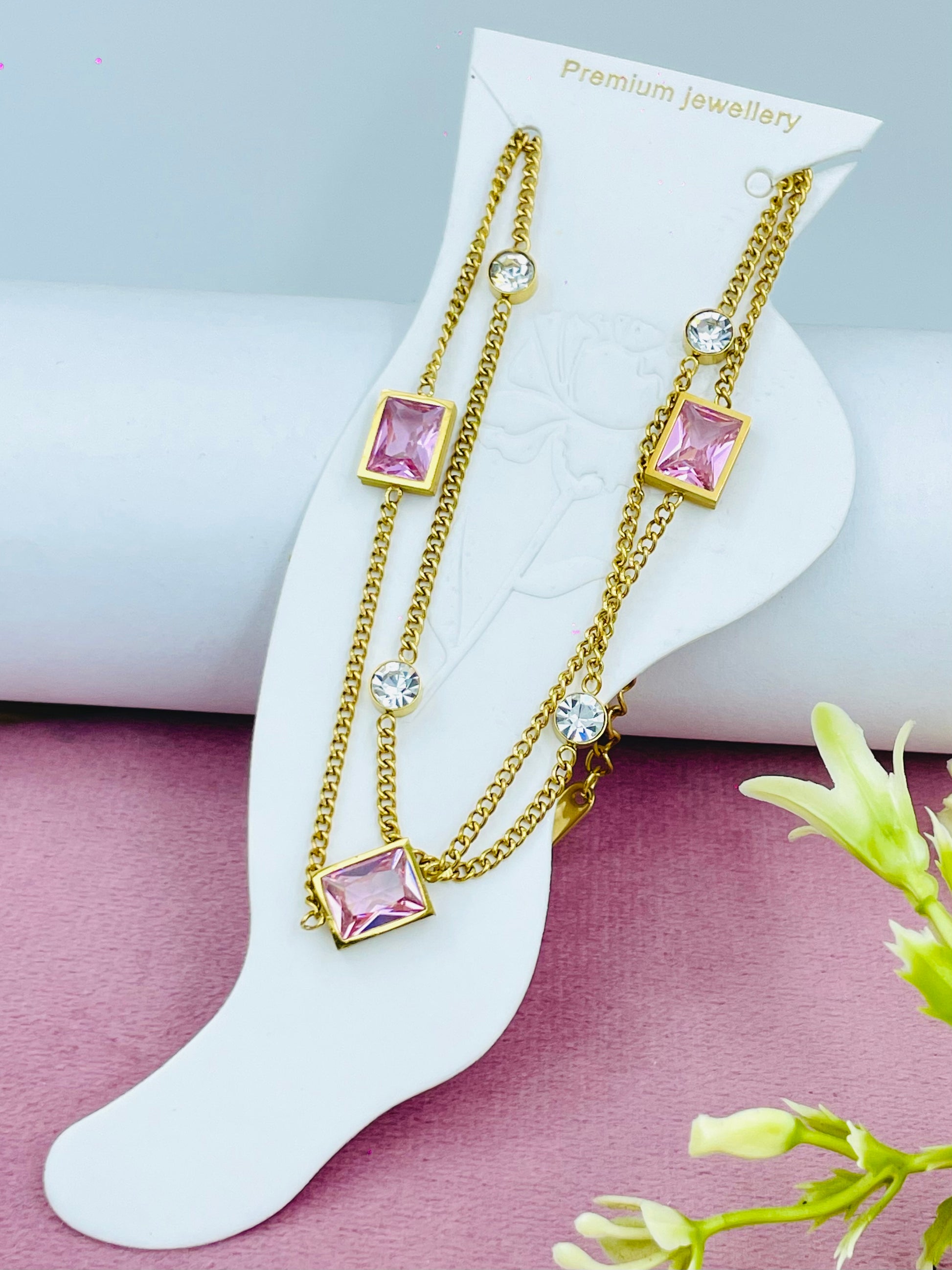 Elegant Gold Chain with Pink and White Gemstones