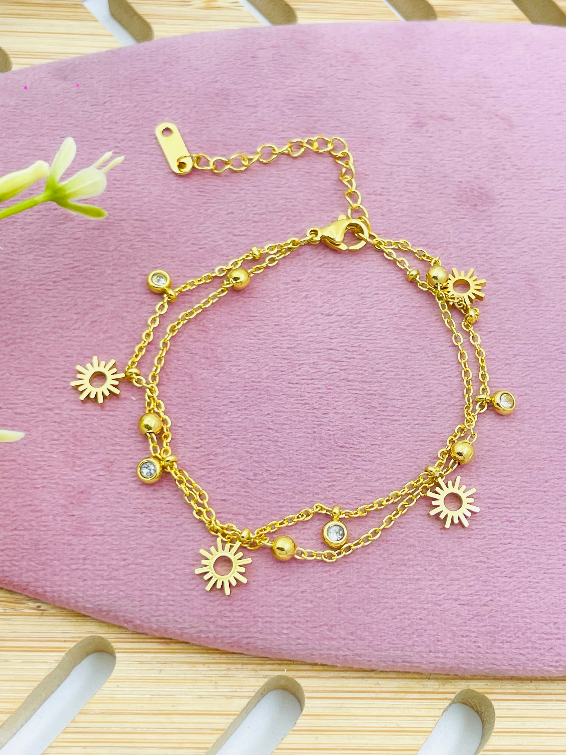 Gold Sun Charm Double Layer Bracelet  Elegant Jewelry