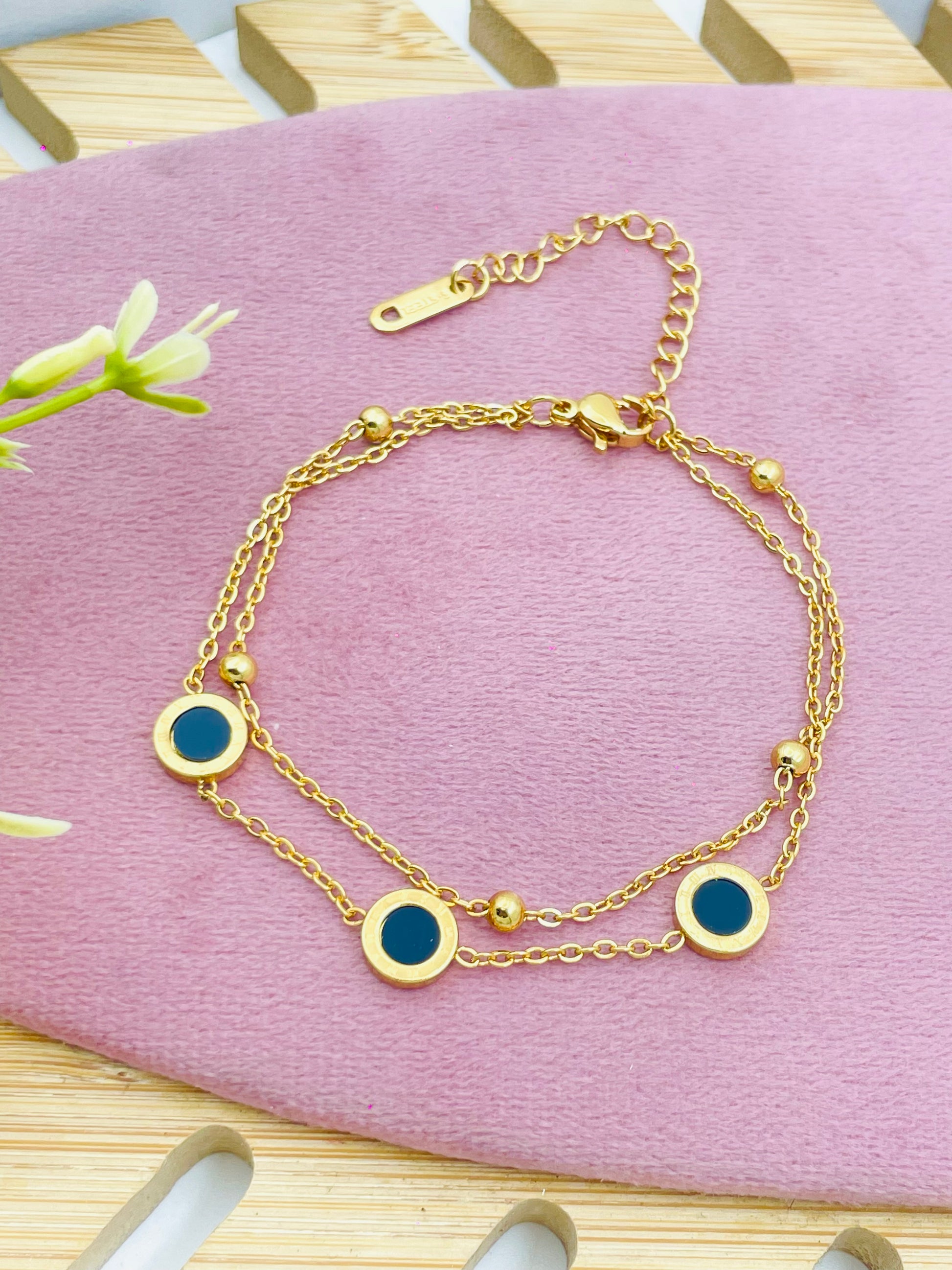 Elegant Gold Double Chain Bracelet with Blue Accents