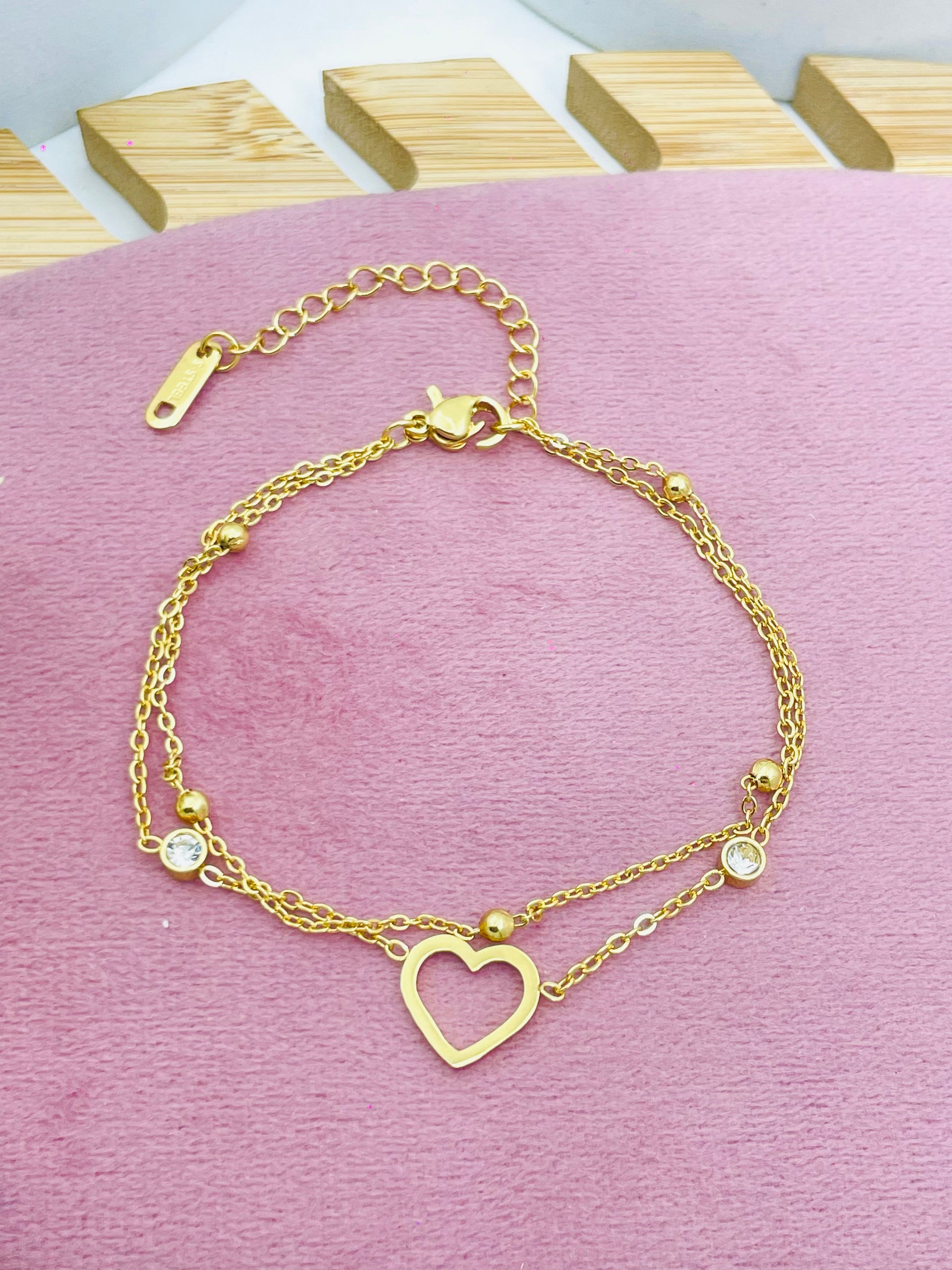 Gold Double Chain Heart Bracelet with Beads