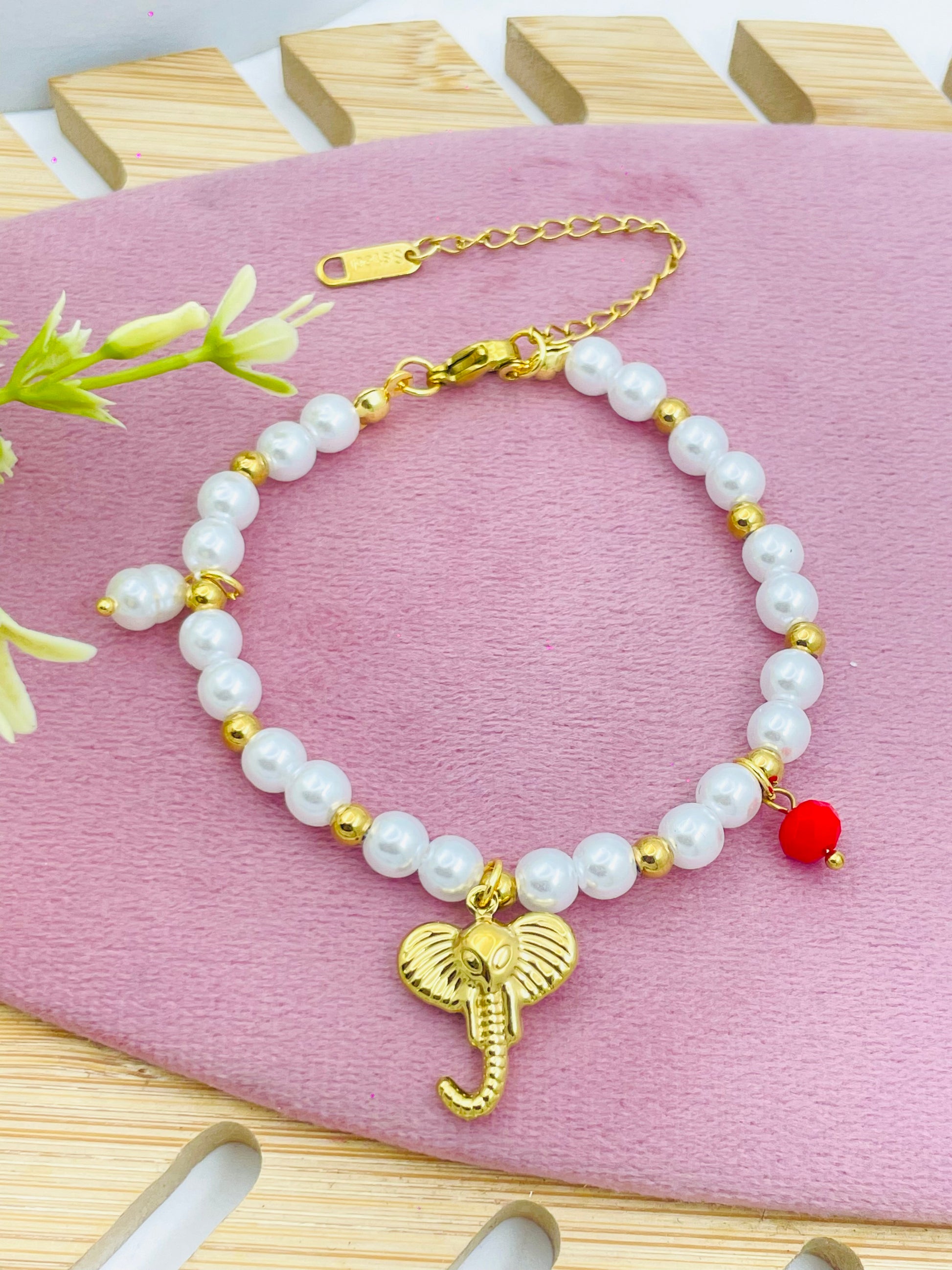 Elegant Pearl Elephant Charm Bracelet with Heart Accent