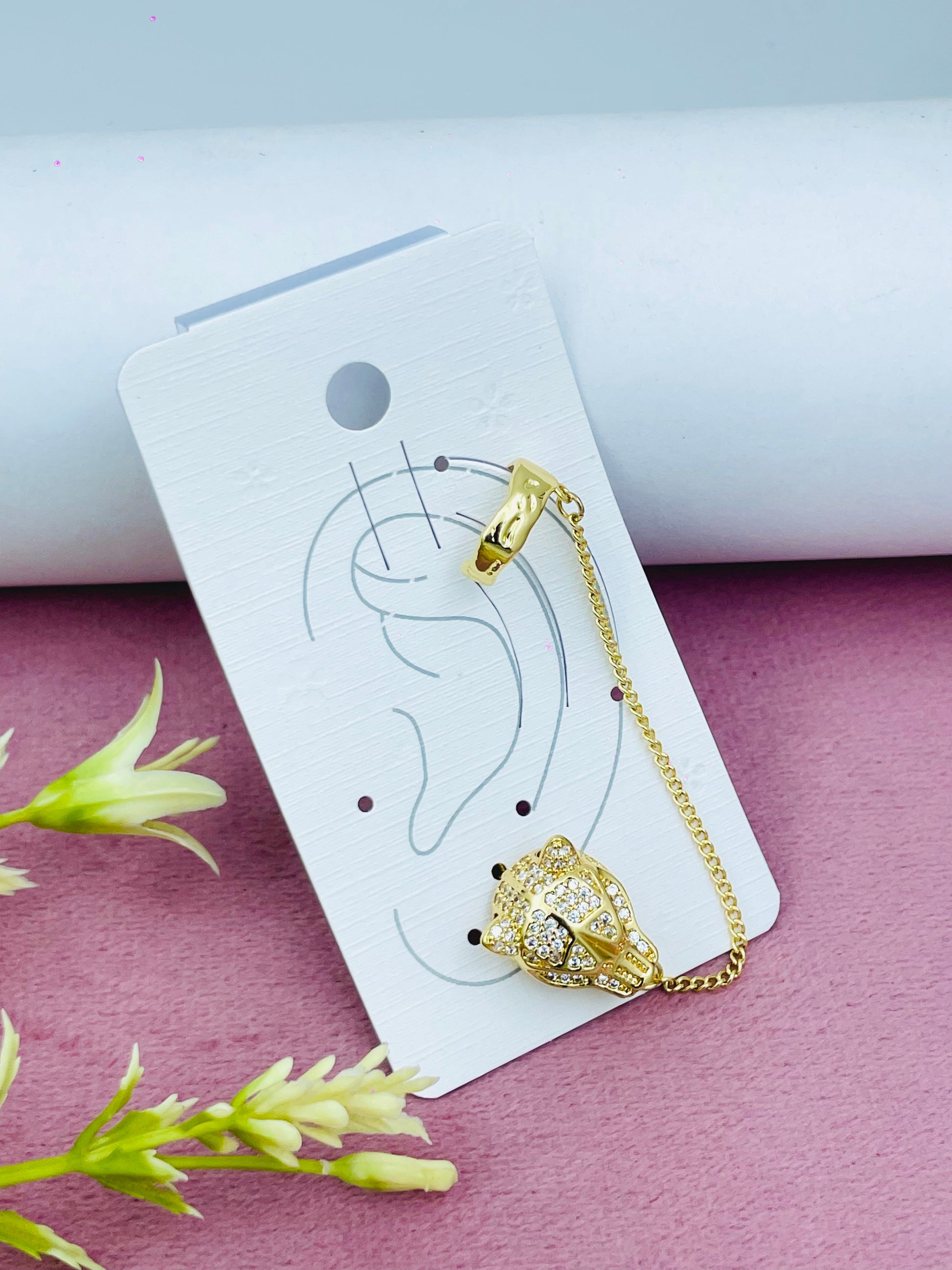 Elegant Gold Panther Ear Cuff with Chain