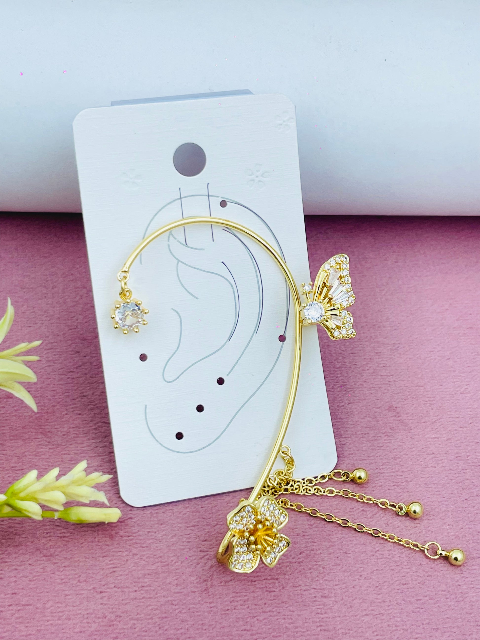 Elegant Gold Floral Ear Cuff with Crystal Accents