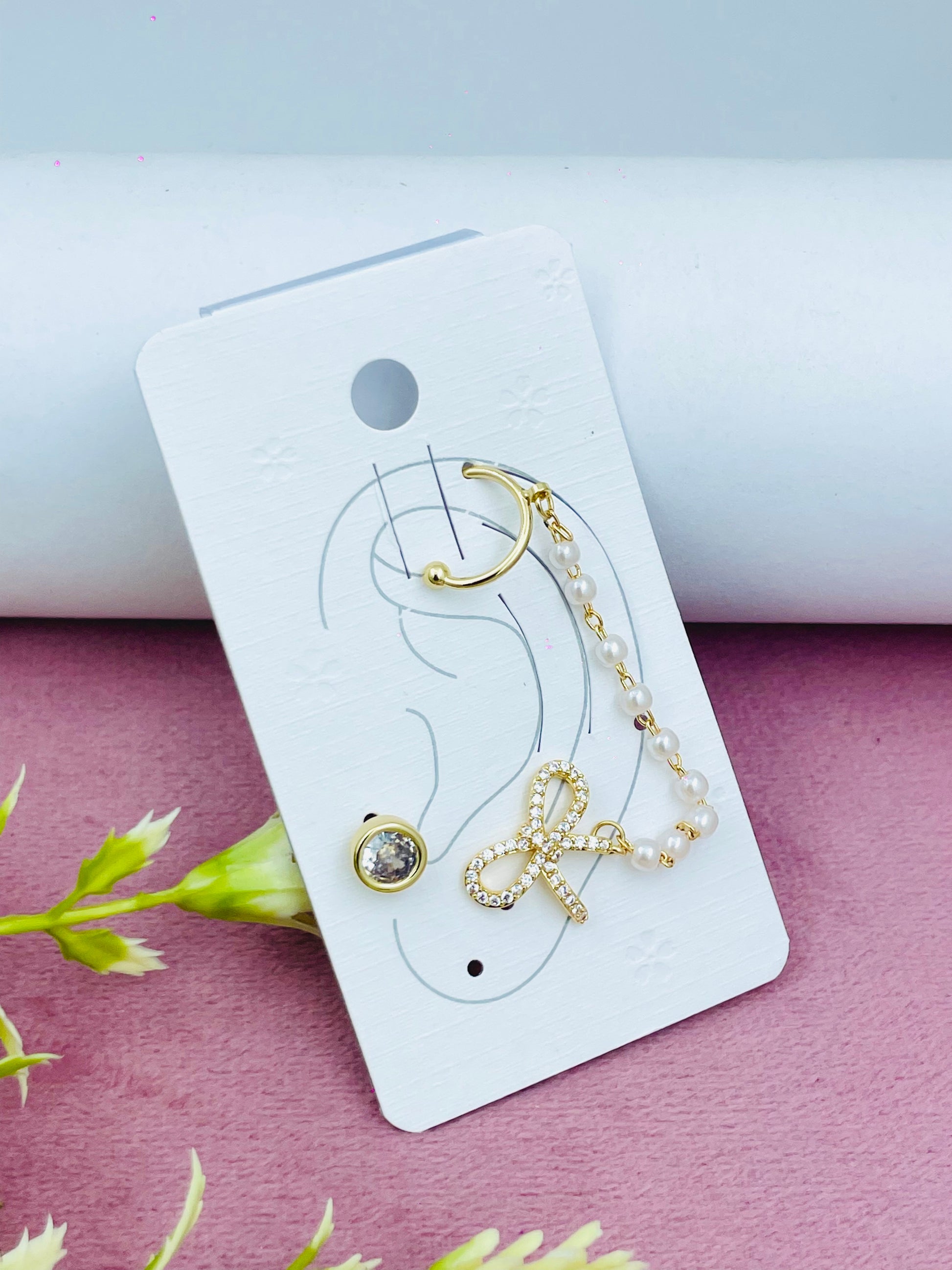 Gold Pearl Chain Double Earring Set with Crystal Accent