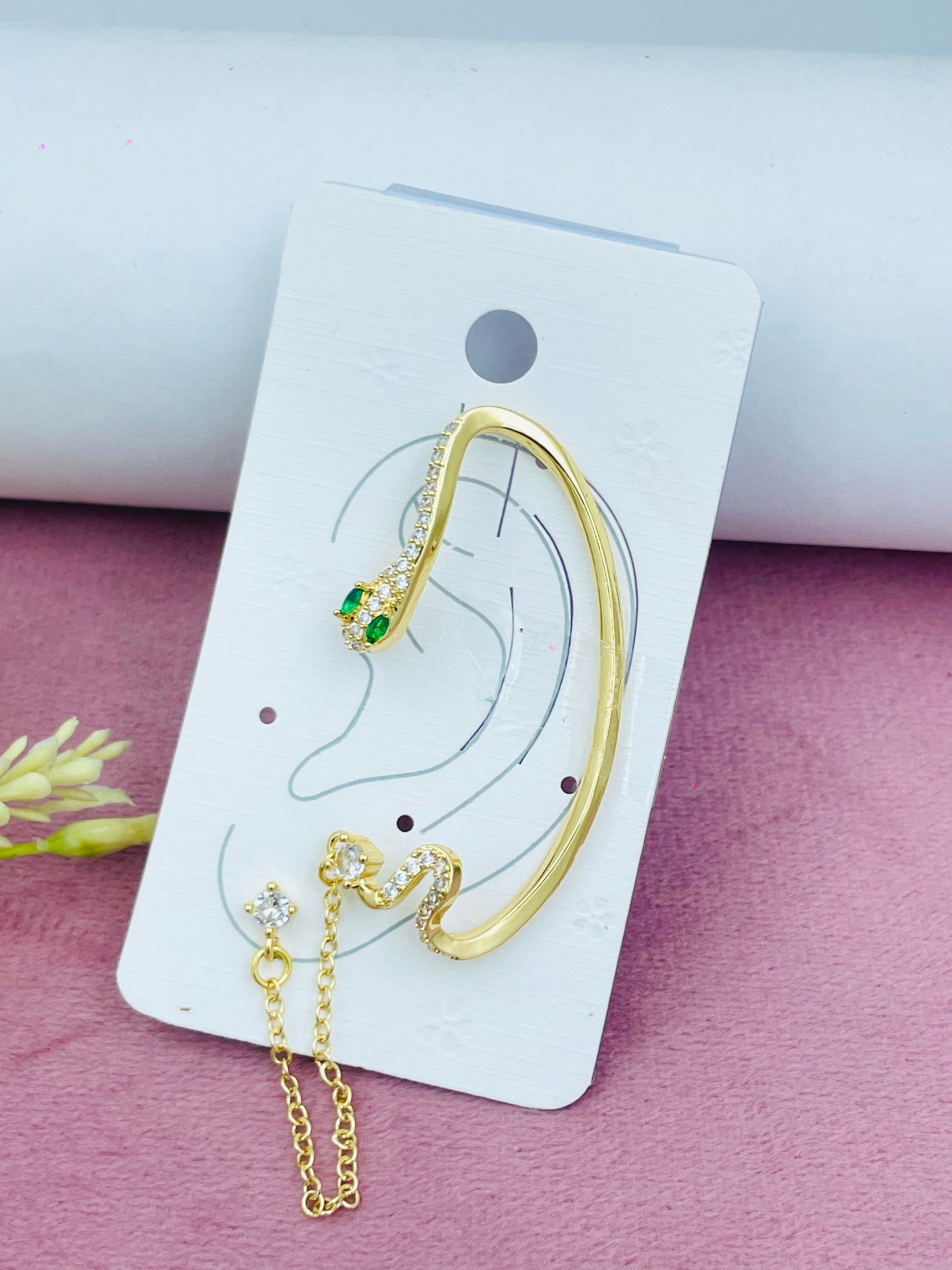 Elegant Gold Ear Cuff with Chain and Gem Detail