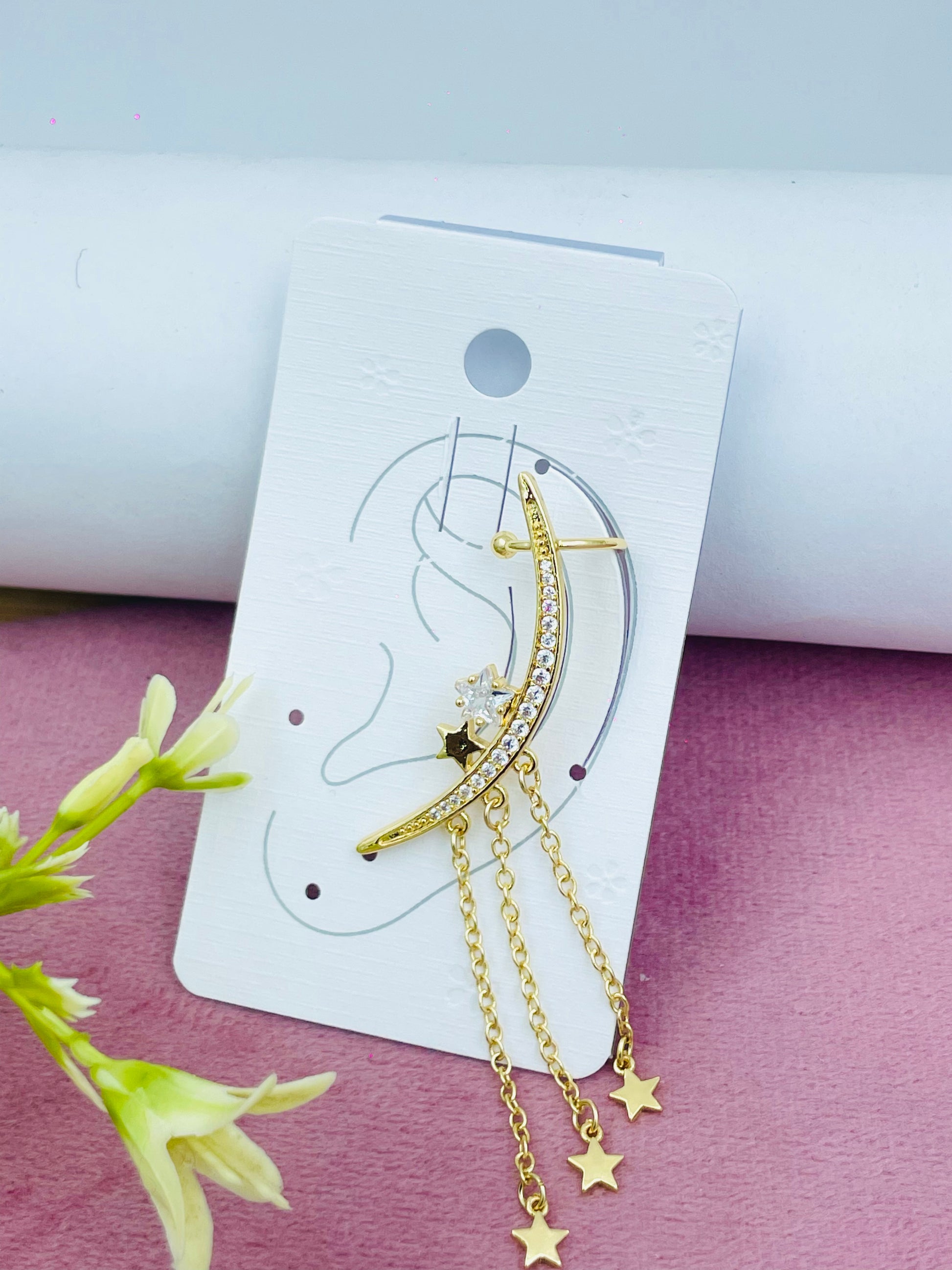 Elegant Celestial Moon and Star Brooch with Gold Chain