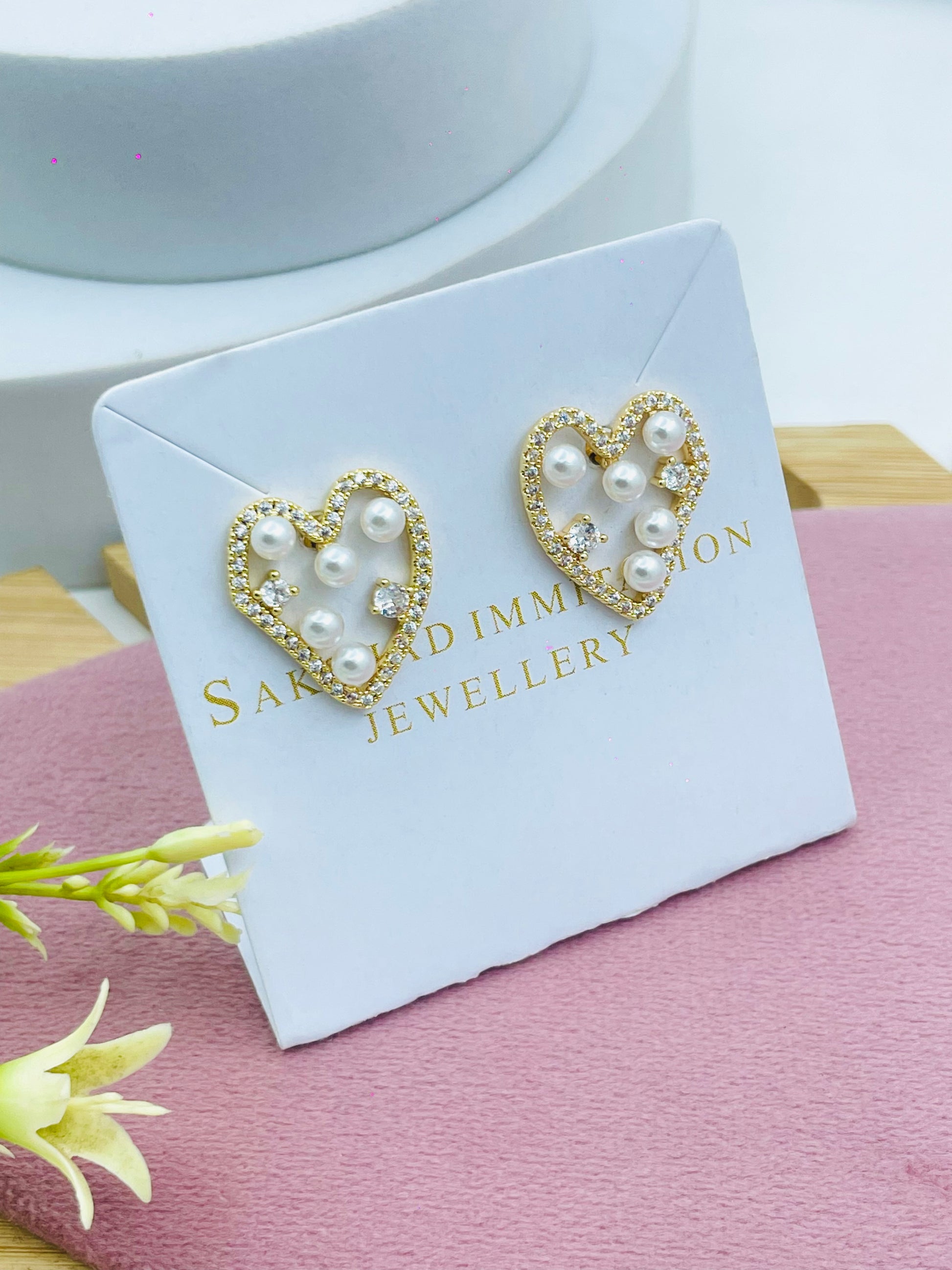 Elegant HeartShaped Pearl and Diamond Earrings
