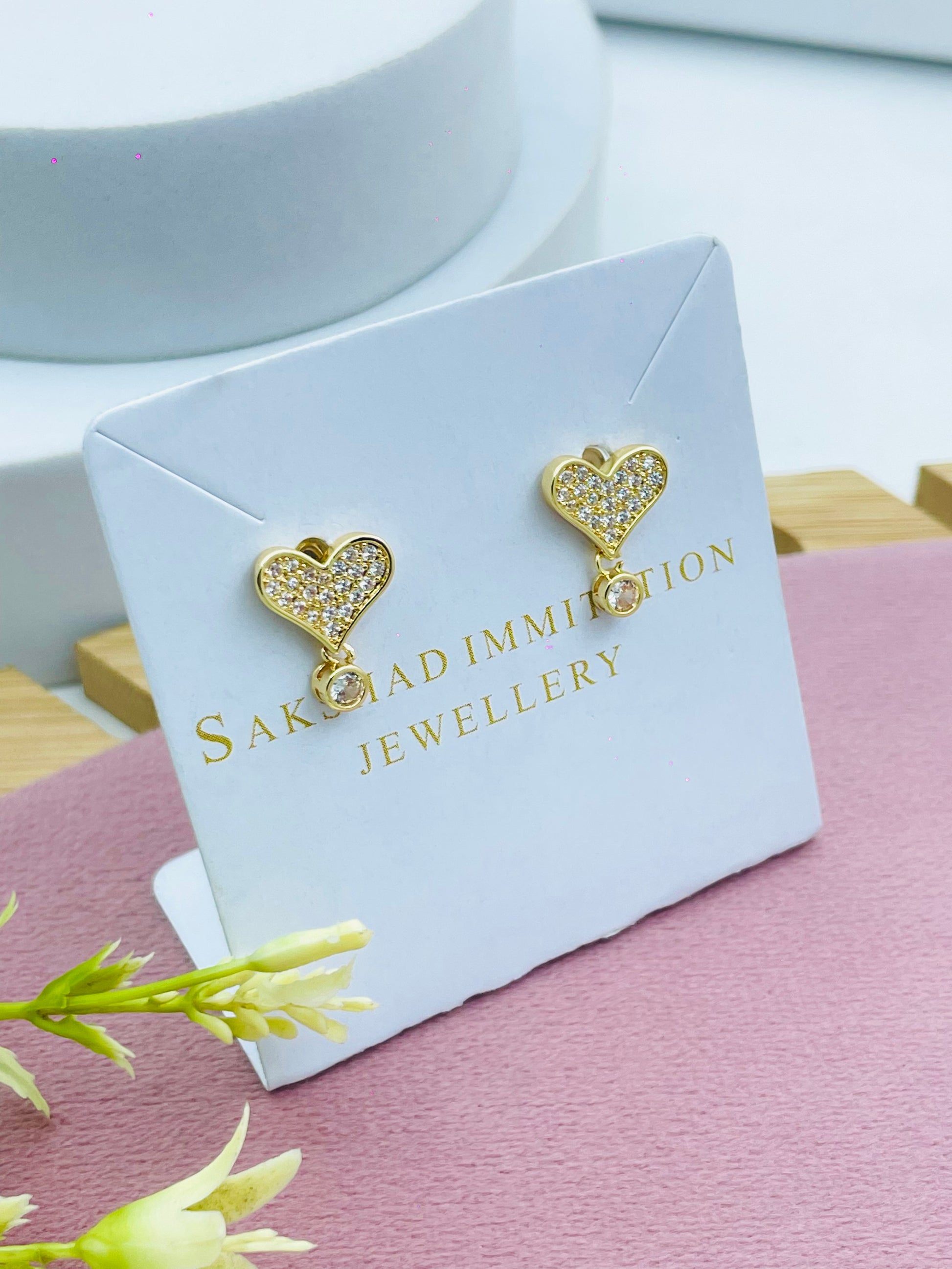 Gold Heart Stud Earrings with Crystal Accents