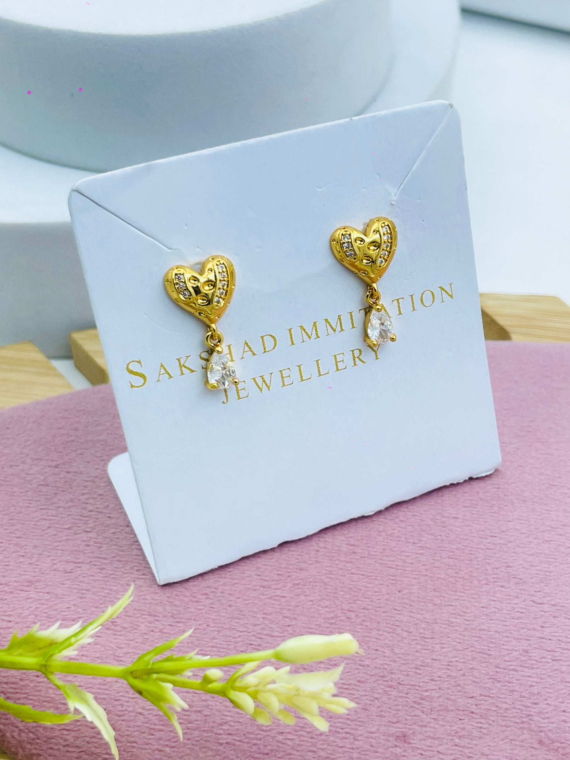 HeartShaped Gold Earrings with Dangling Gemstone  Elegant Imitation Jewelry