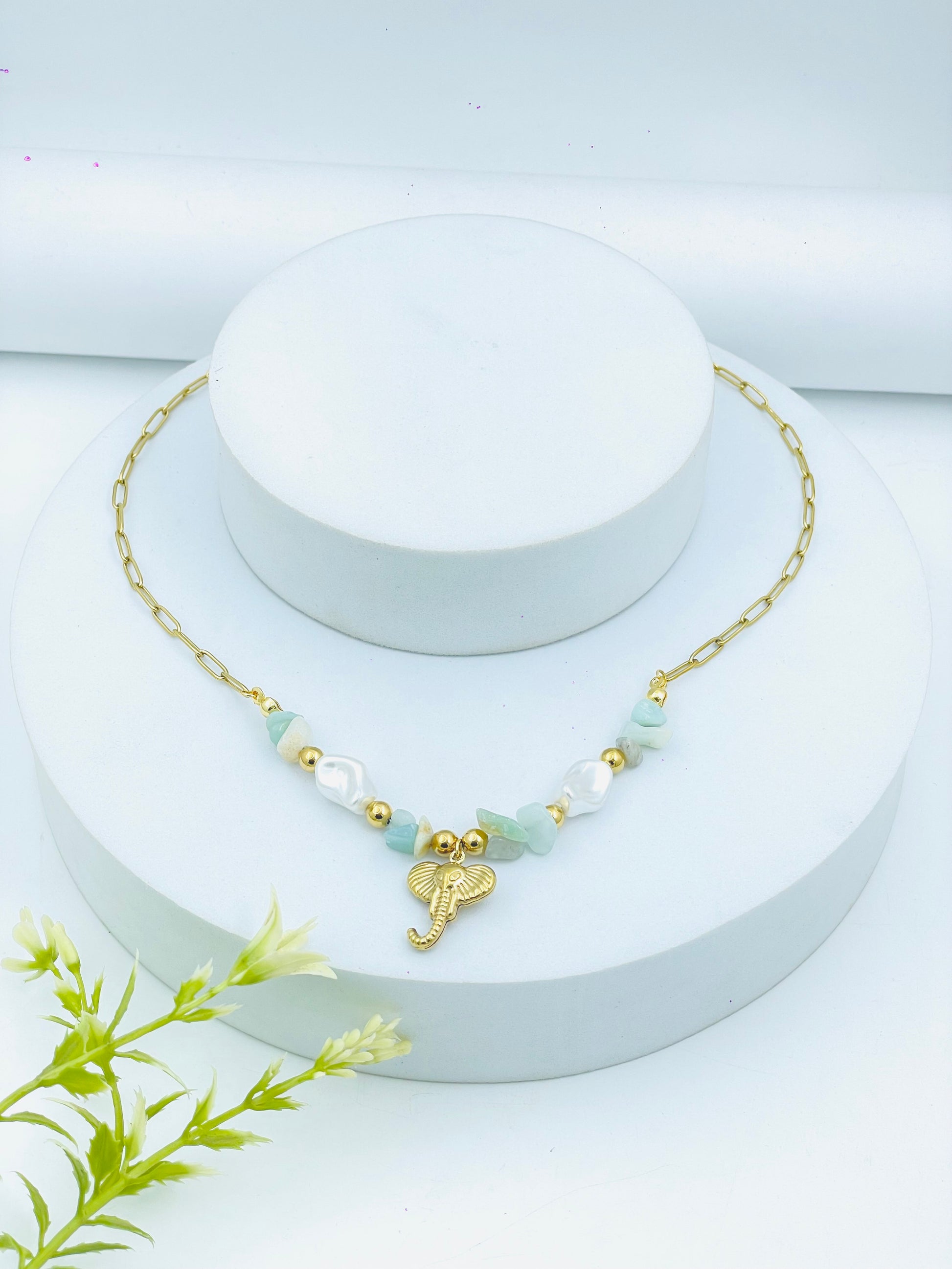 Elegant Gold Elephant Charm Necklace with White and Green Beads