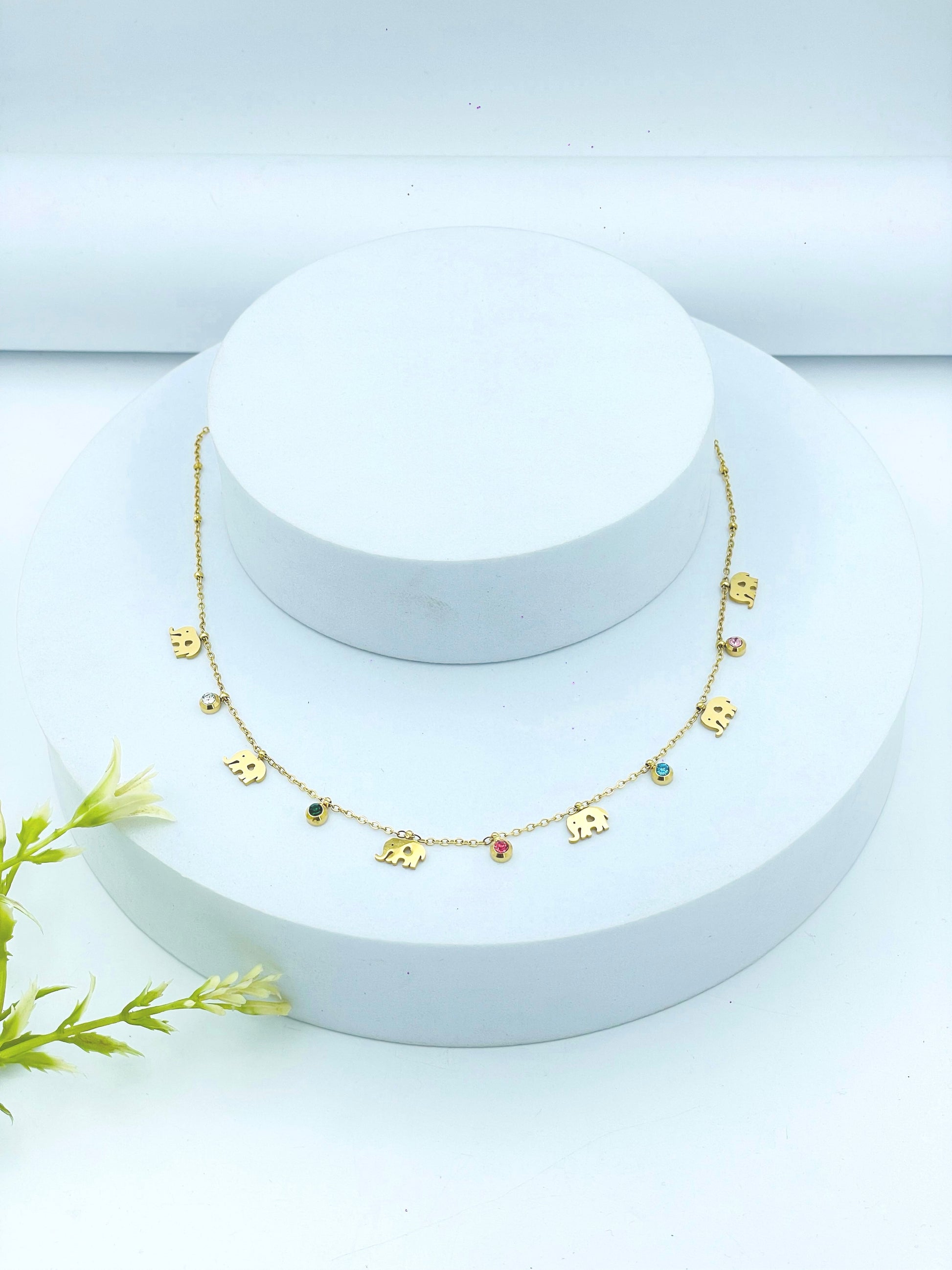 Charming Gold Plated Elephant Necklace with Colorful Accents