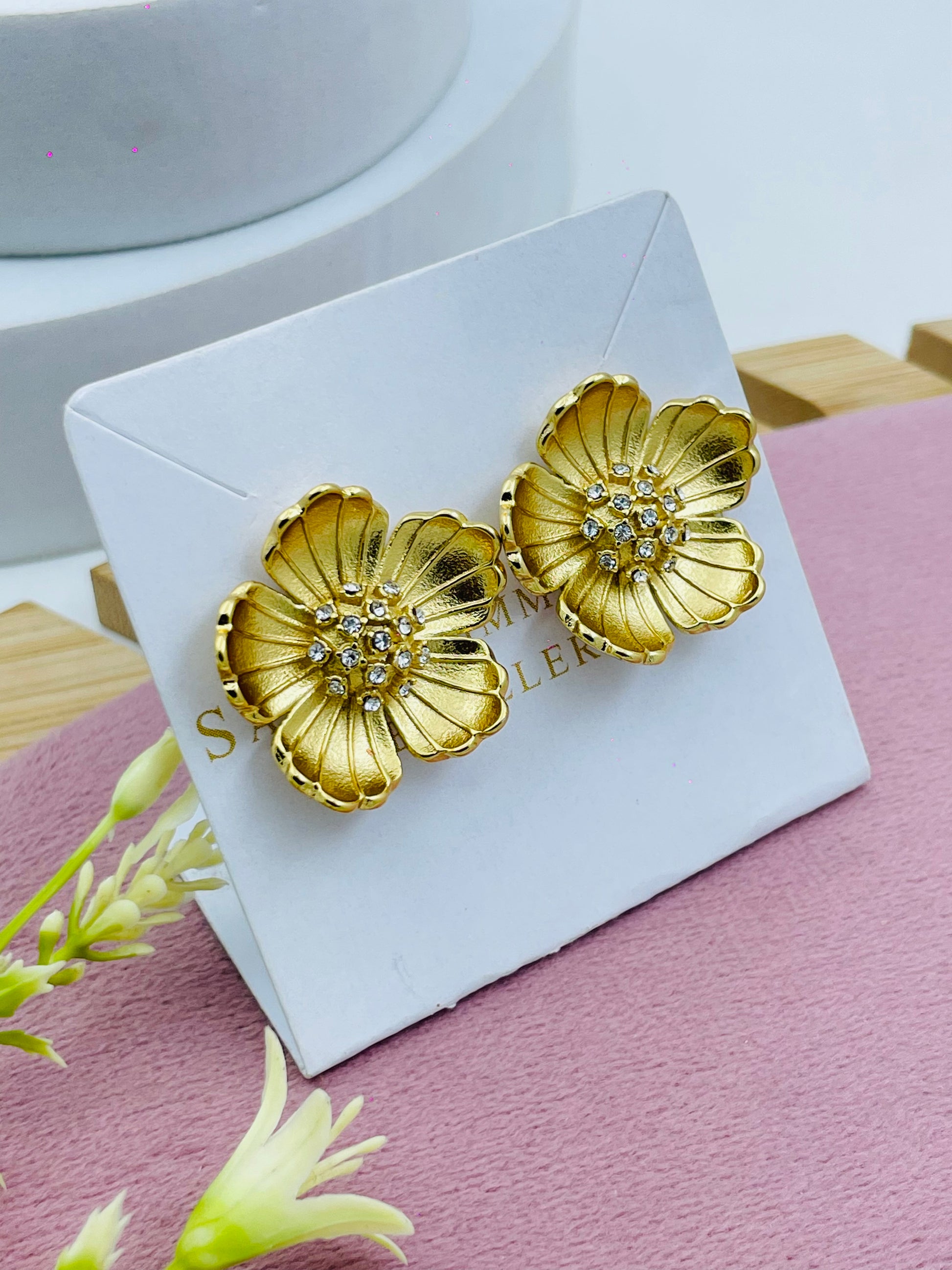 Elegant Floral Gold Tone Earrings with Rhinestones