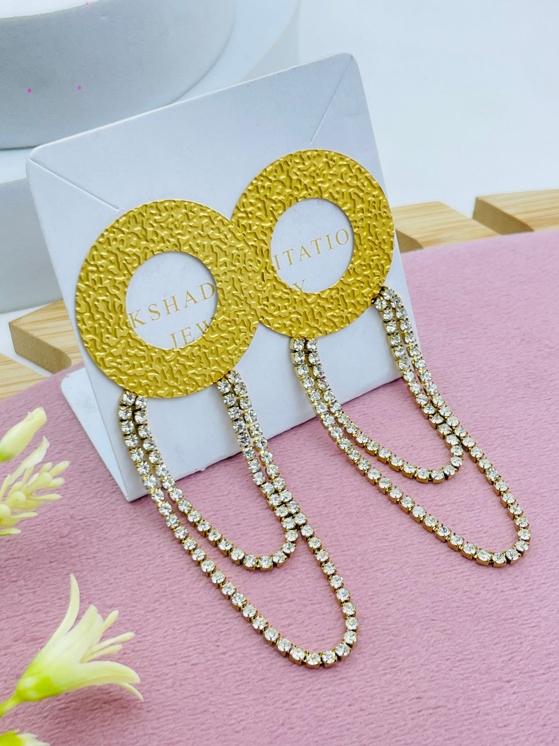 Gold Circular Earrings with Rhinestone Chains