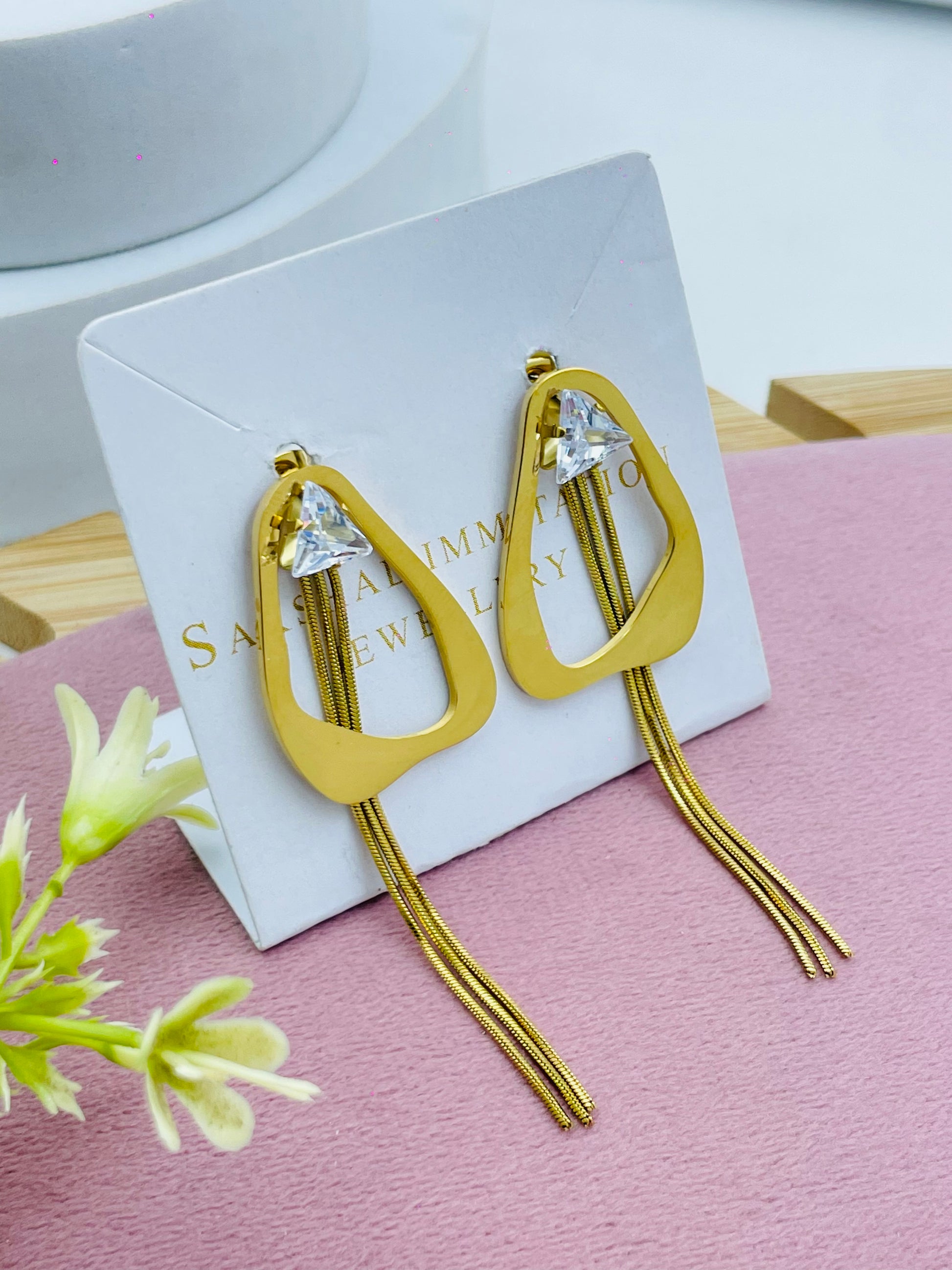 Stylish Gold Geometric Triangular Crystal Earrings