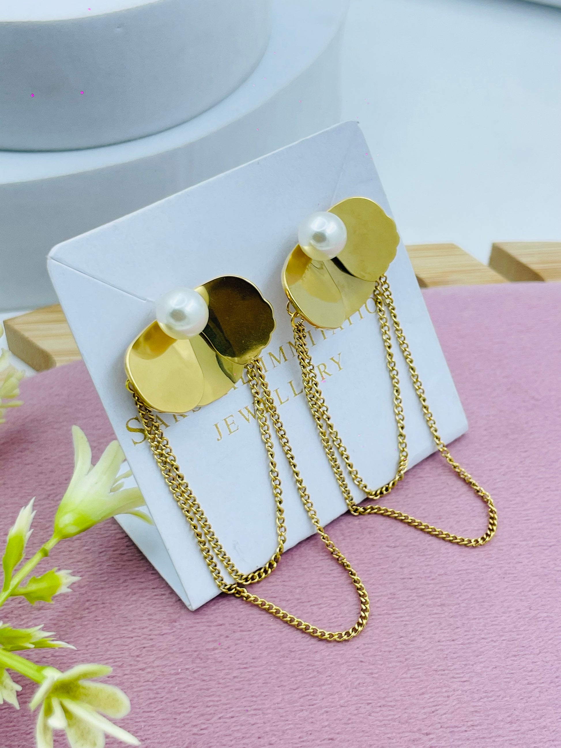 Stylish GoldPlated Shell Earrings with Pearl and Chain  Sophisticated Jewelry