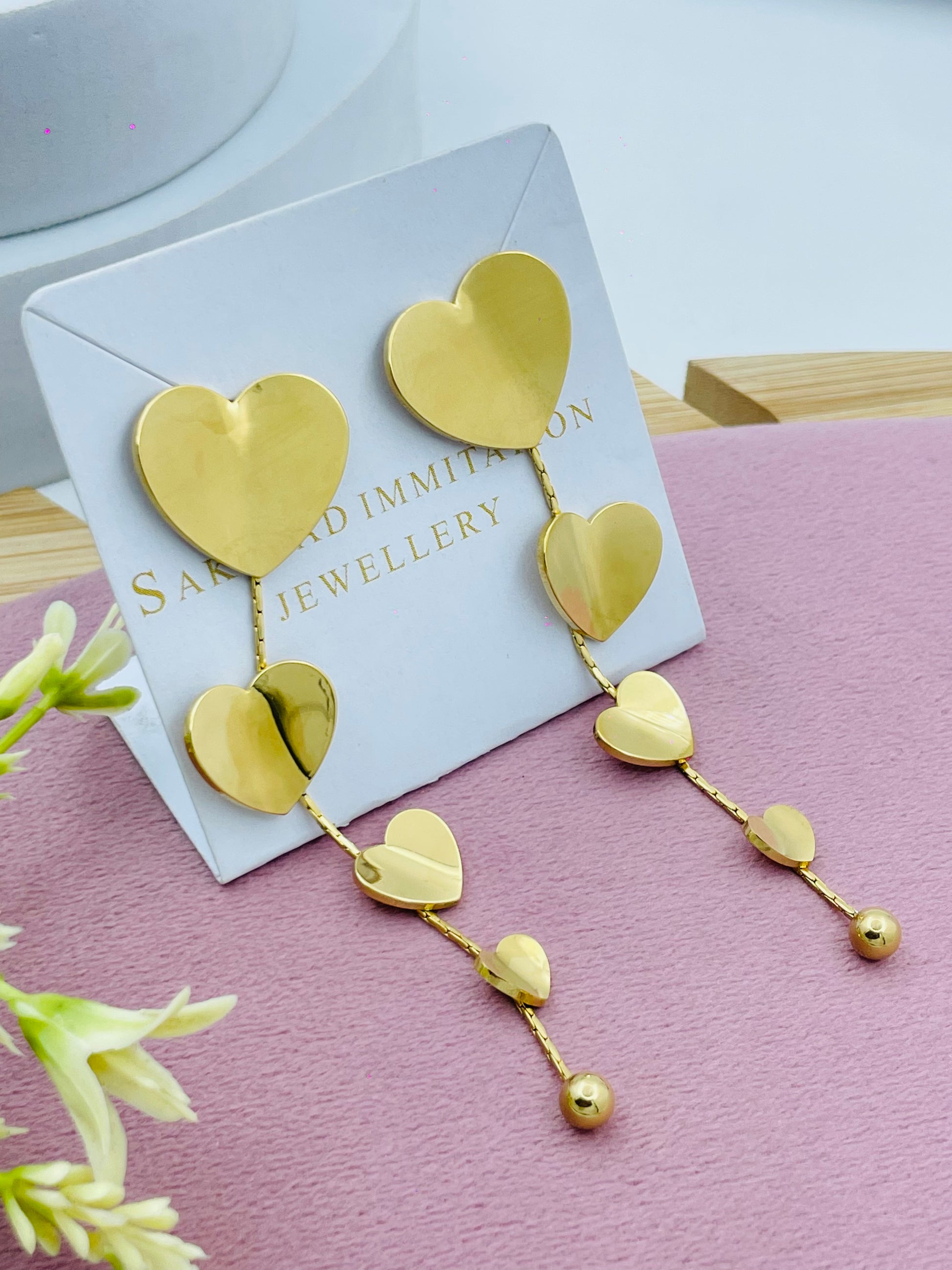 Elegant Gold Heart Dangle Earrings