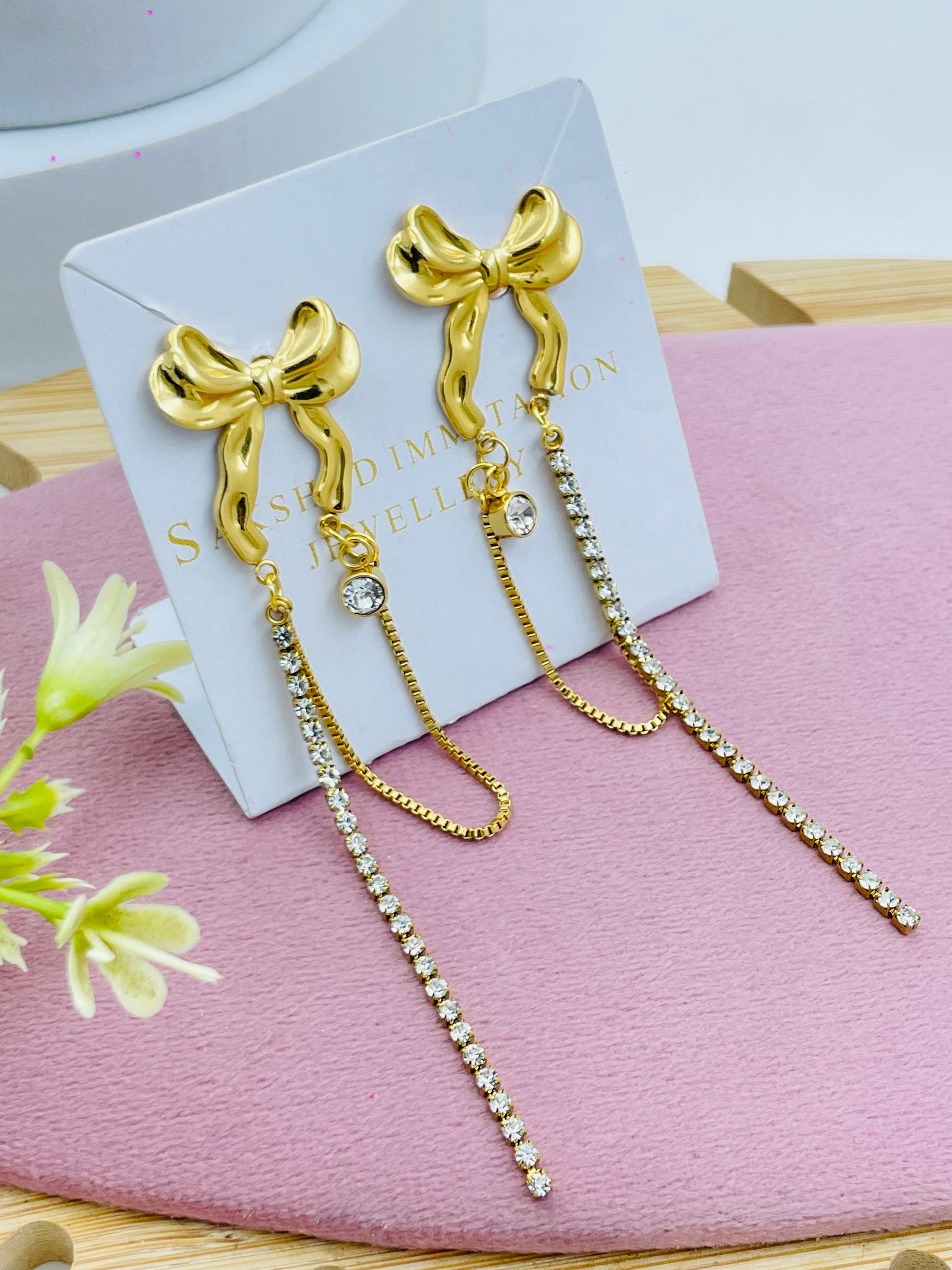 Elegant Gold Bow Dangle Earrings with Chain and Rhinestones