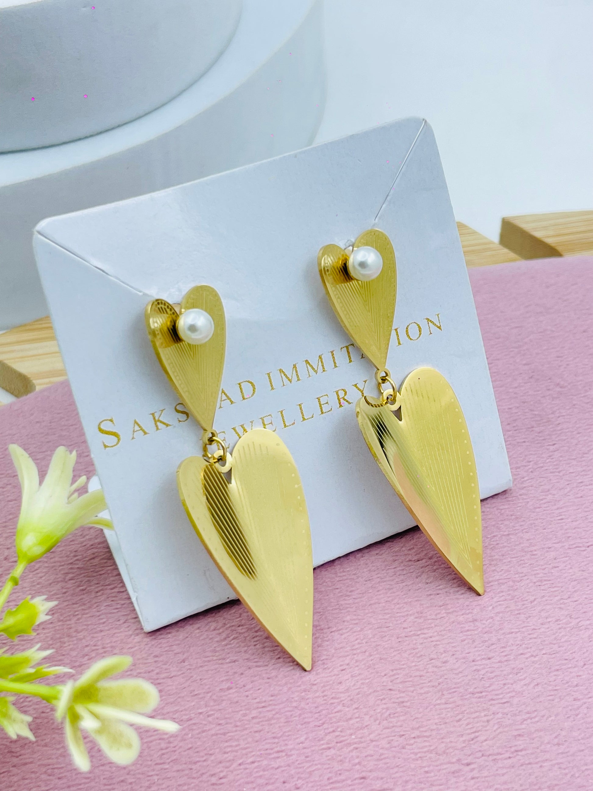 Elegant Gold Plated Heart Drop Earrings with Pearl Accent