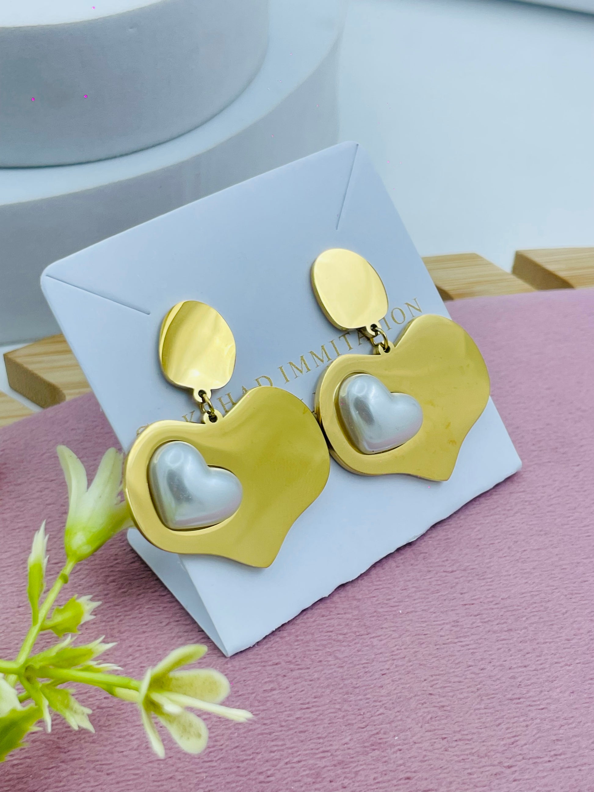 Stylish HeartShaped Gold and Pearl Earrings