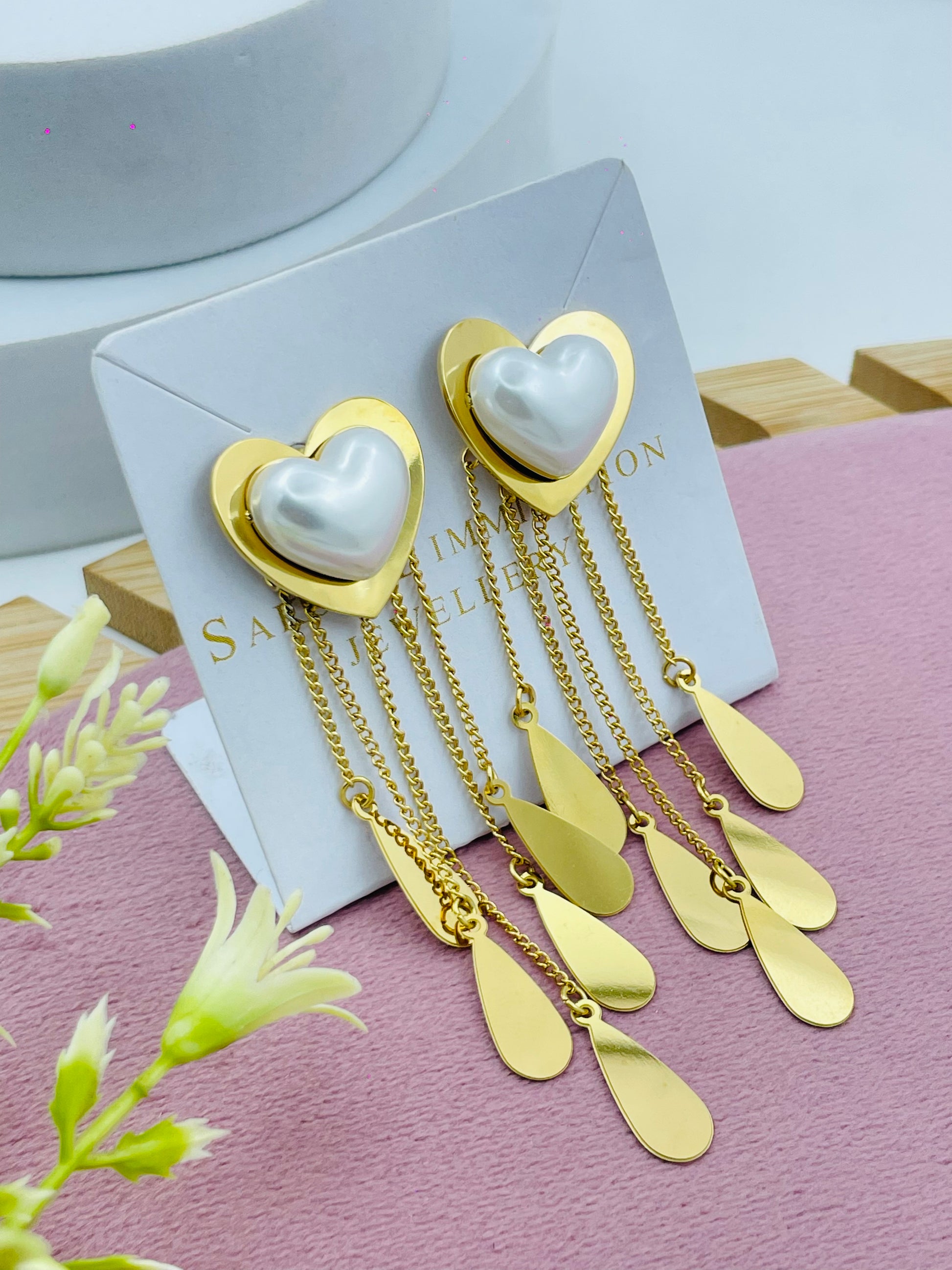 Elegant Gold Heart Chain Earrings with Pearl Detail